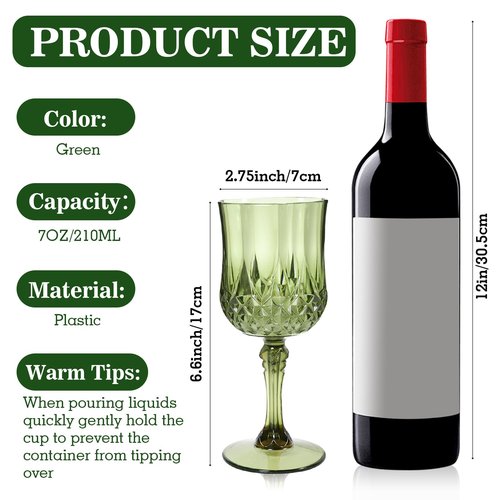 CHLJAR 24 Pcs Plastic Vintage Green Wine Drinking Glasses, 7oz Plastic Water Goblets Green Reusable Drinkware Vintage Unbreakable Champagne Glassware for Wedding Reception Grand Event Party