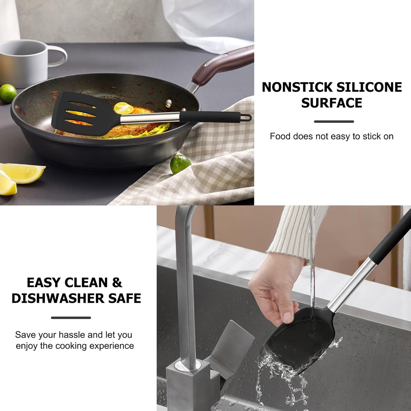 TeamFar Silicone Cooking Utensils Set - 4 PCS Heat-Proof Non-Stick Spatula & Spoon Set with Stainless Steel Handle - Black