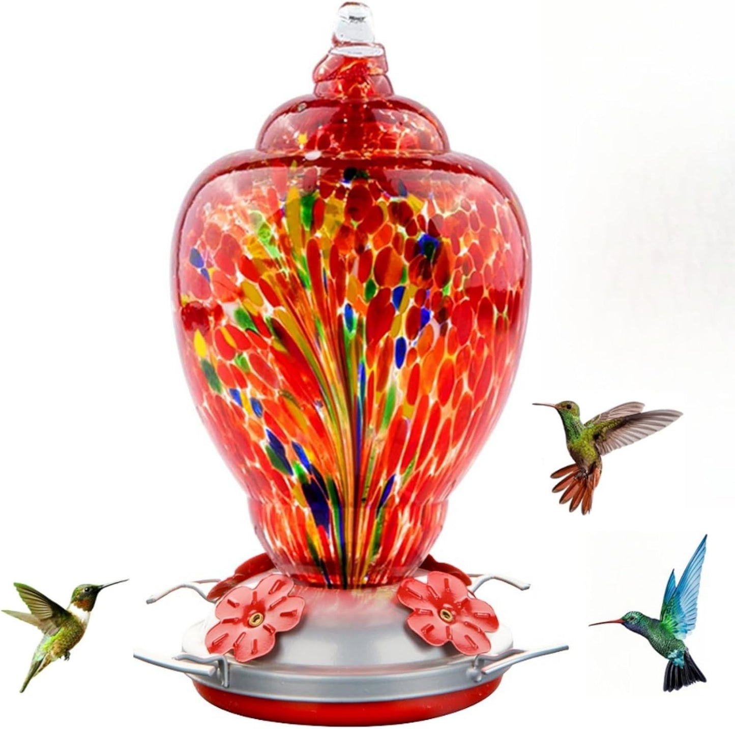 WOSIBO Hummingbird Feeder - Large 32 Ounce Colorful Hand Blown Glass with Ant Moat & Accessories | Red Firework