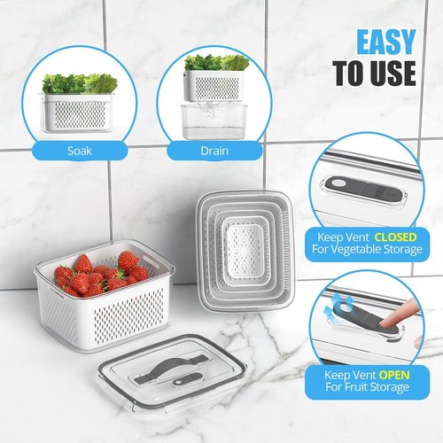 Damynuo 5-Pack Clear Fruit Storage Containers - Airtight Fridge Organizer Bins with Colander Lids