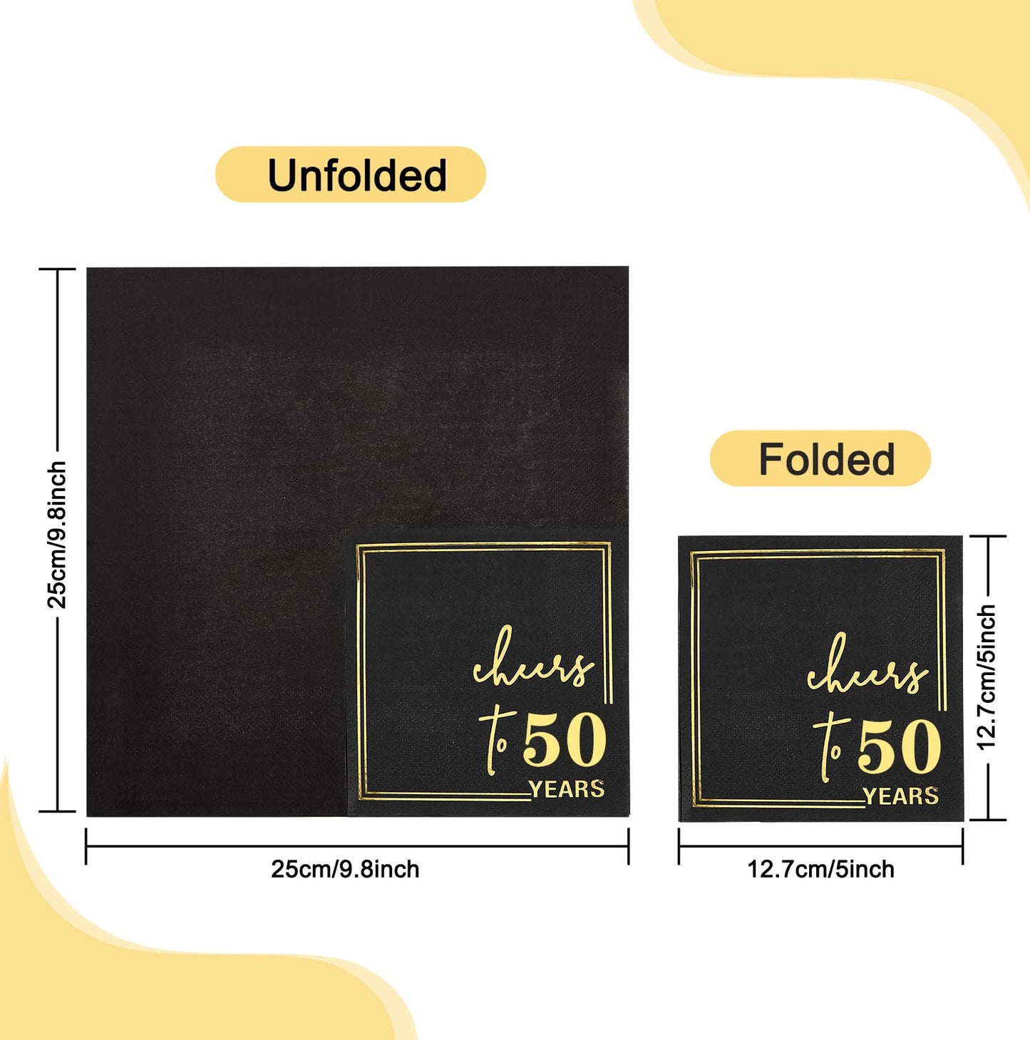 Ottin Cheers to 50 Years Cocktail Napkins, Black and Gold 50th Birthday & 50th Wedding Anniversary Decorations, 3-Ply 5x5 Inch Beverage Napkins, Gold Foil Disposable Party Napkins, 50 Count