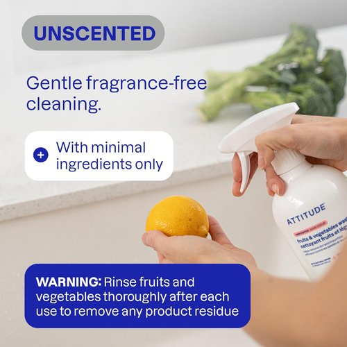 ATTITUDE Fruit & Vegetable Wash - Unscented Vegan Produce Cleaner for Dirt & Wax Removal | 27.1 Fl Oz