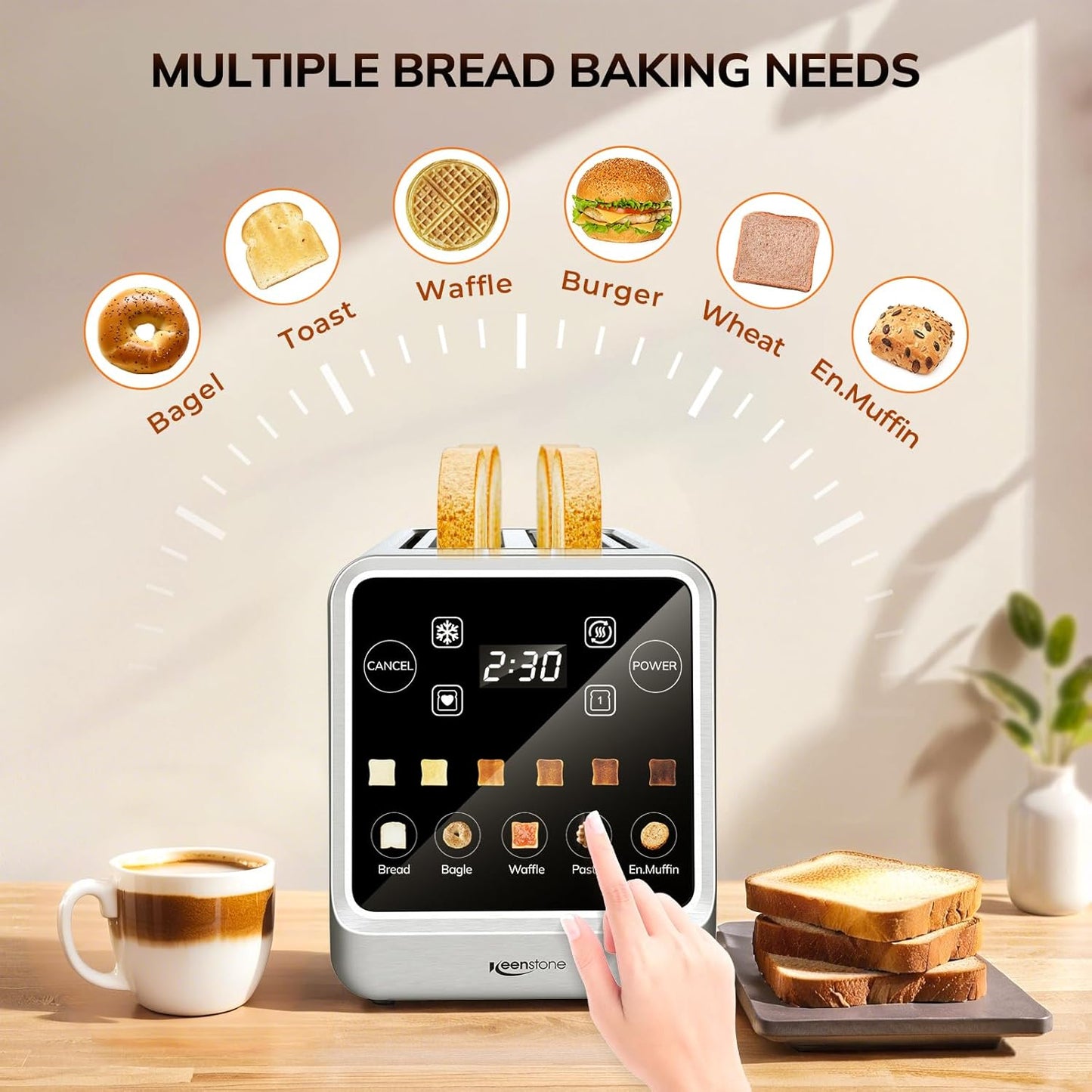 Keenstone 4-Slice Digital Smart Toaster - Touchscreen, Memory Function, Reheat & Defrost | Stainless Steel