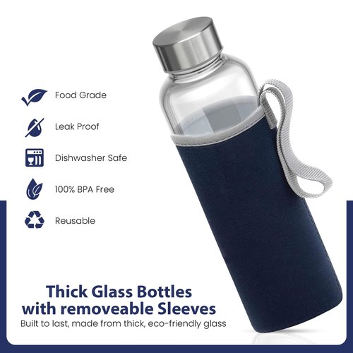 Epica glass bottles with lids – 18oz glass water bottles, reusable juice bottle with lids for storing juices, reusable water bottle durable & ecofriendly set of 6 with Sleeves