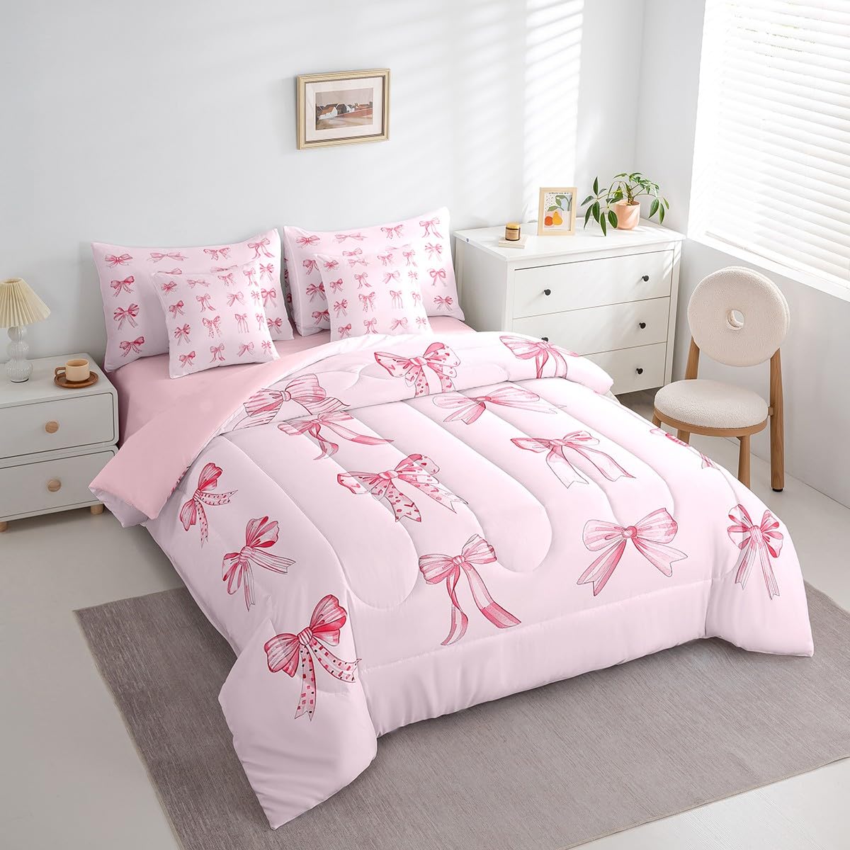 Feelyou Pink Bowknots Decoration 7 Piece Bedding Set Twin Size for Girls Pink Bow Dreamy Kids Bed in a Bag Girly Pink Bed Set