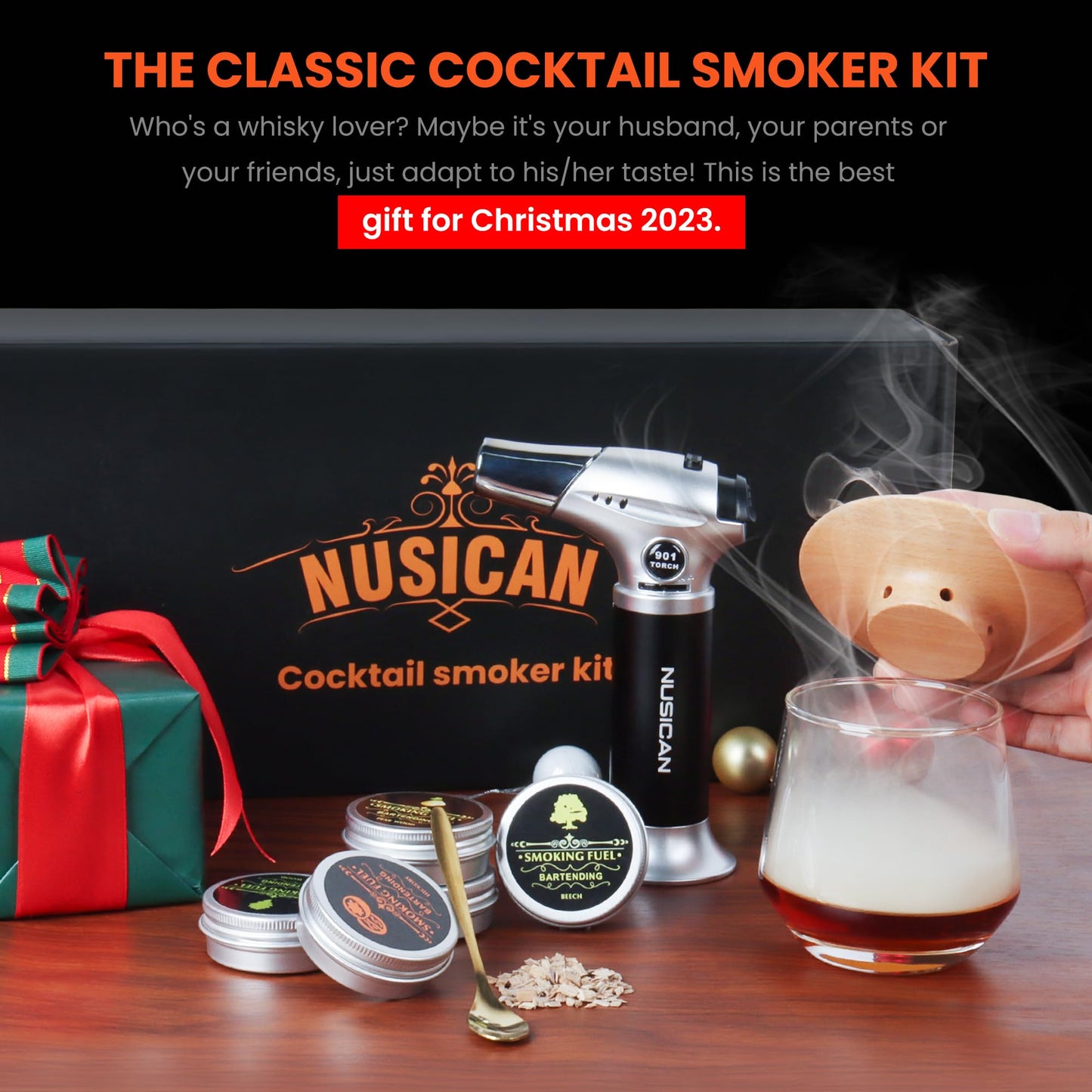 Cocktail Smoker Kit with Torch, 6 Flavors Wood Chips for Whiskey and Bourbon, Old Fashioned Smoker Kit for Infused Cocktail, Cheese, Salad and Meats, Gifts for Men, Dad and Boyfriend (No Butane)