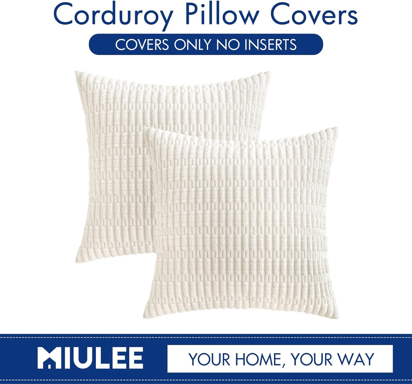 MIULEE Corduroy Throw Pillow Covers - Soft Boho Striped Design, 20x20 Inch, Pure White | Modern Farmhouse Decor