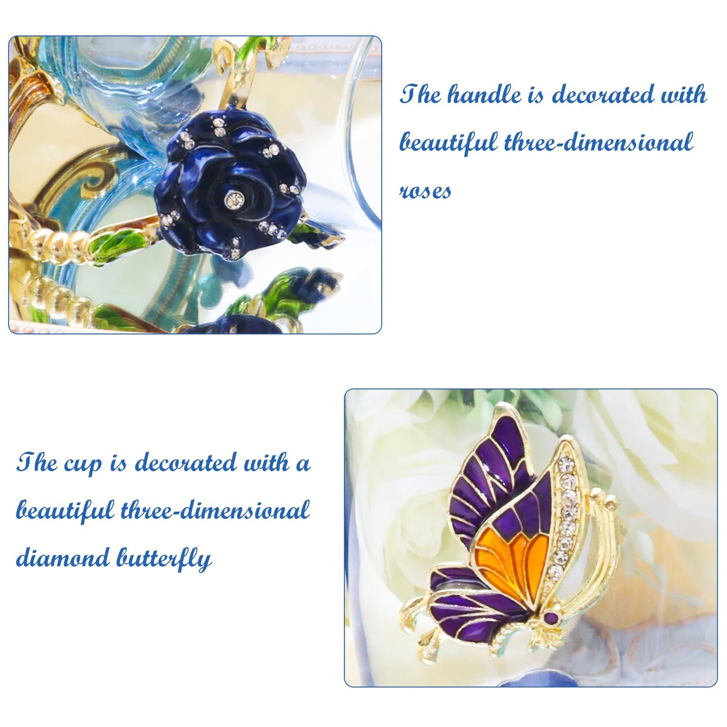 AISVELDY Flower Tea Cup,Butterfly Rose Clear Glass Fancy Coffee Mug with Spoon,Gift Box for Her Mom Wife Grandma Girls Women Christmas Birthday Present Idea for Juice,Hot And Cold Drinks Use