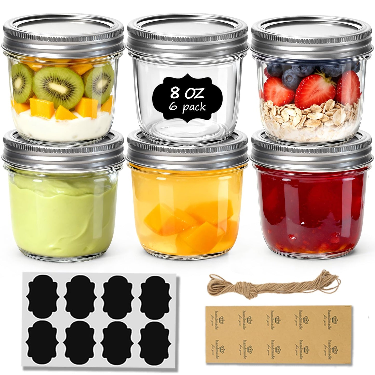 ComSaf Wide Mouth Mason Jars with Lids 8 oz 6Pcs, Half Pint Small Mason Containers, Canning Jars for Jam, Jelly, Meal Prep, Overnight Oats, Yogurt Parfait, Shower Wedding Favors, DIY Candles Decor