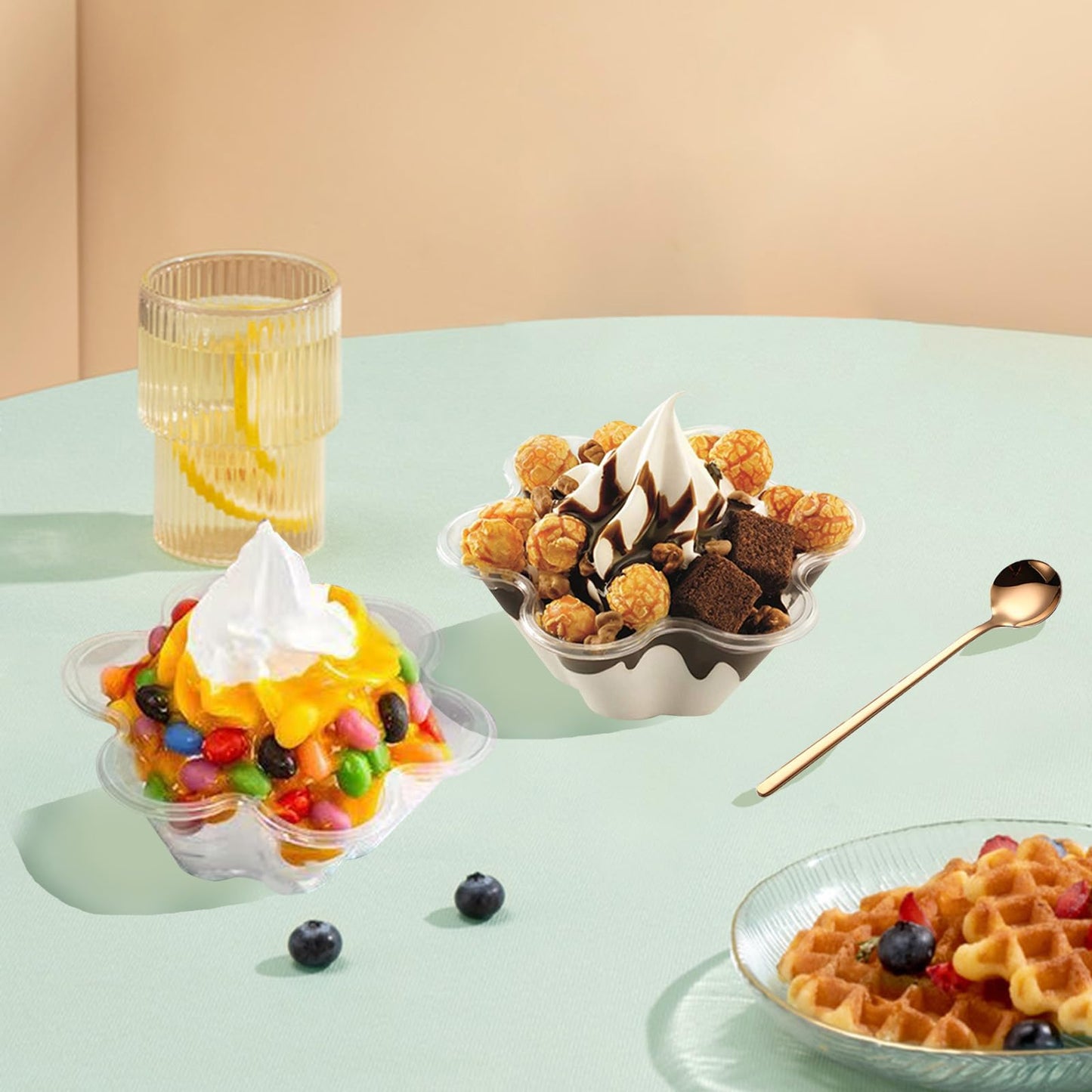 Merkaunis 200 Pack Plastic Ice Cream Bowls 8.5Oz Clear Plastic Ice Cream Dessert Bowls Sundae Snack Fruit Salad Bowl Clear Flower Shape Appetizer Cup Chocolate Dessert Sundae and Nuts