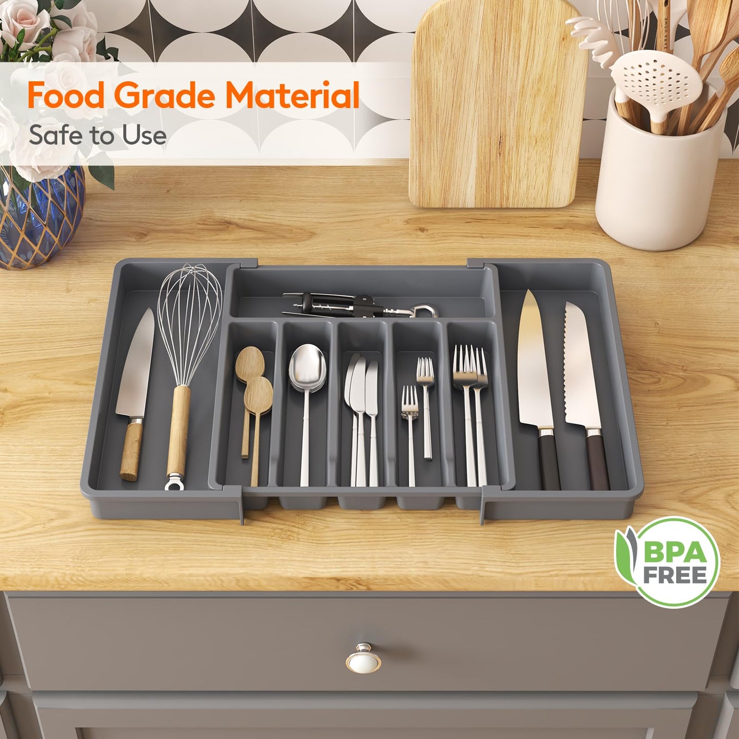 Lifewit Silverware Drawer Organizer, Expandable Utensil Tray for Kitchen, BPA Free Flatware and Cutlery Holder, Adjustable Plastic Storage for Spoons Forks Knives, 13-22 x 15", Dark Gray