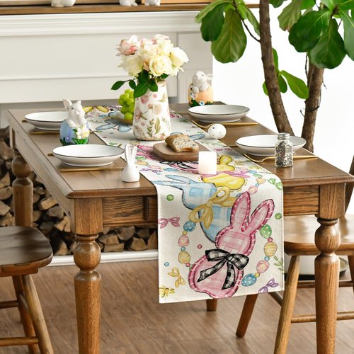 Artoid Mode Floral Bow Bunny Rabbits Eggs Easter Table Runner, Seasonal Spring Kitchen Dining Table Decoration for Home Party Decor 13x72 Inch