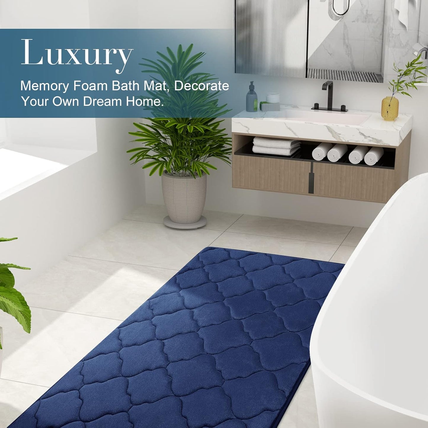 OLANLY Memory Foam Bath Mat Rug - Ultra Soft, Absorbent & Non-Slip | 24x16 Navy Bathroom Carpet