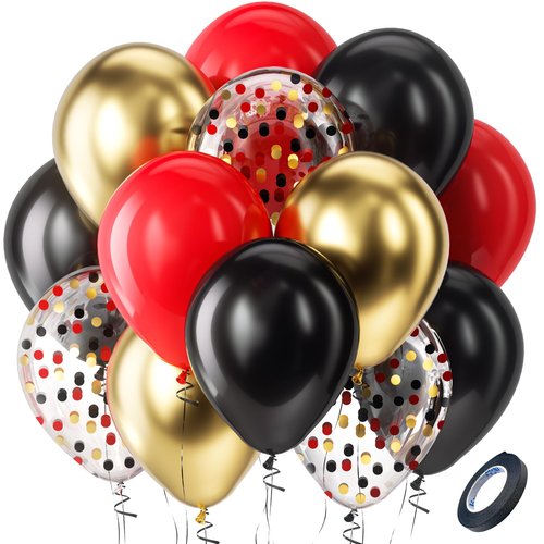 Bezente Red Black and Gold Latex Balloons,60pcs 12 inch Red Black Gold Metallic Chrome Confetti Balloons for Birthday New Year Casino Theme Party Decoration Christmas Wedding Graduation