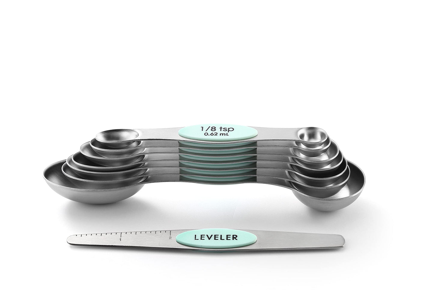Spring Chef Stainless Steel Magnetic Measuring Spoons Set of 8 with Leveler, Metal Teaspoon & Tablespoon Measuring Spoons, Fits in Spice Jars, Kitchen Gadgets for Baking & Cooking - Set of 2 - Mint
