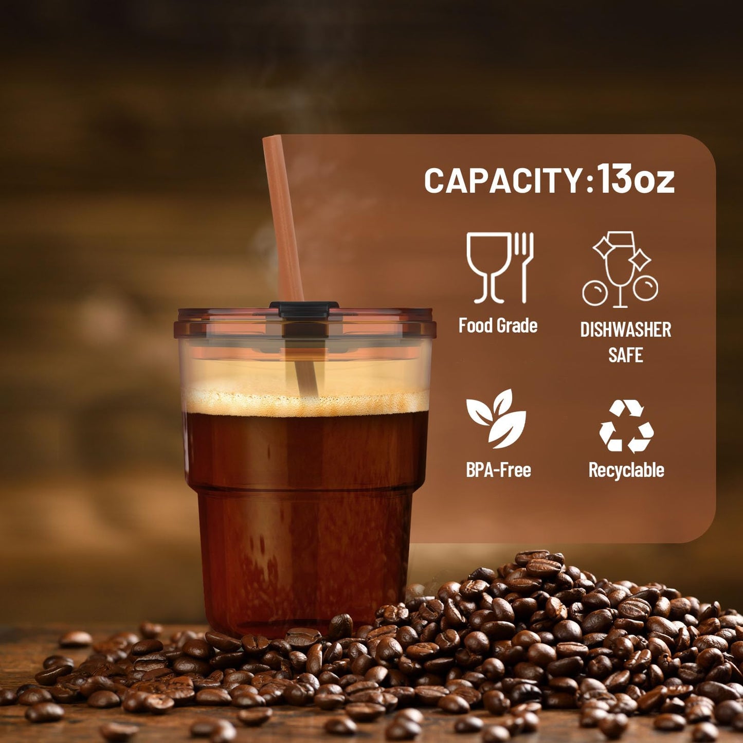 Luxfuel 13 oz Tumbler Water Glass Cups with Straw & Lid, Reusable Iced Coffee, Tea Cups, Leak-Proof Thick Wall Travel Glass Tumbler for Home, Office, Car Cup Holder Friendly, BPA Free (Amber, 2 Pack)