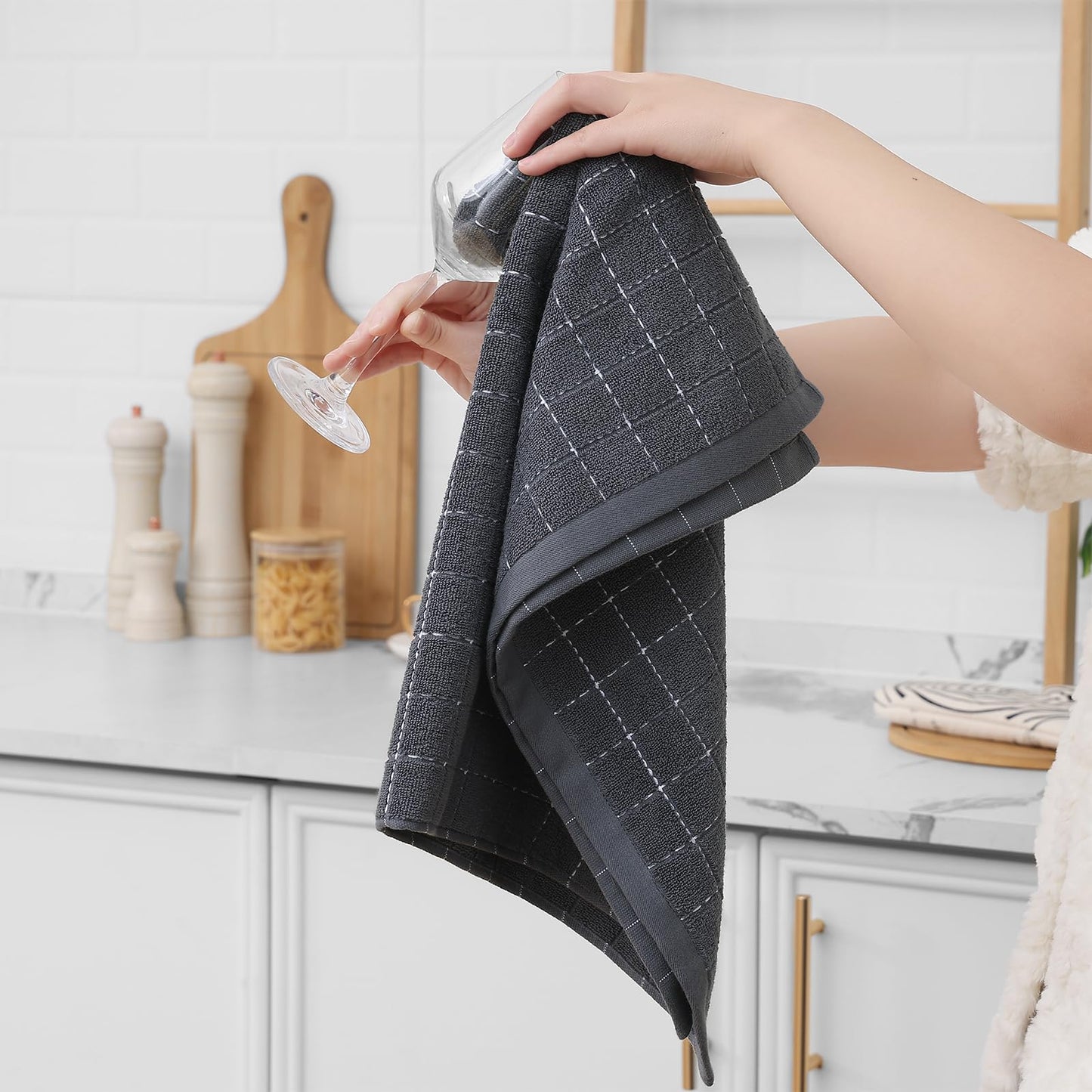 Homaxy 100% Cotton Terry Kitchen Towels(Dark Grey, 20 x 28 inches), Checkered Designed, Soft and Super Absorbent Dish Towels, Large 4 Pack