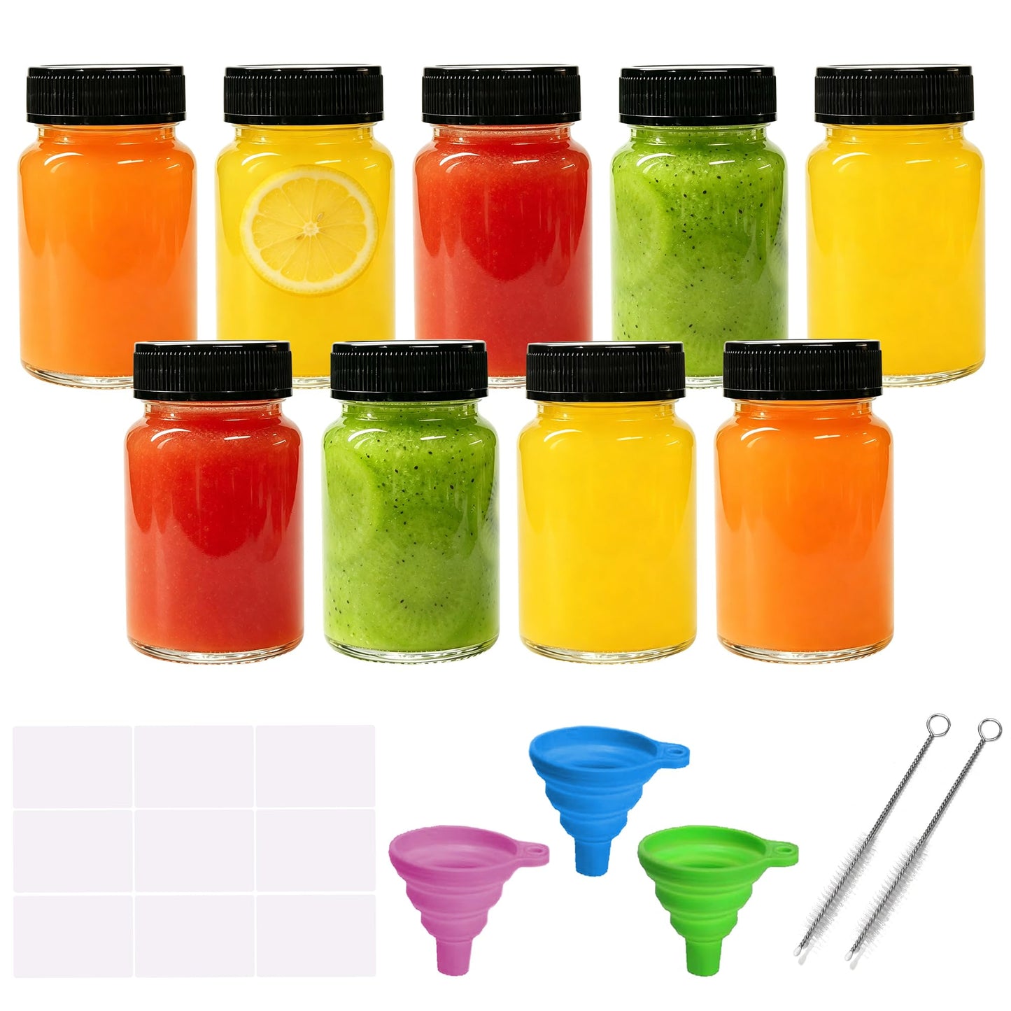 SAIAOKJ 9 Pack Glass Bottles with Lids - 2 oz Wide Mouth Leakproof Reusable Juice Travel Bottles with Labels for Ginger Shot, Turmeric Juice, Whiskey & Camping