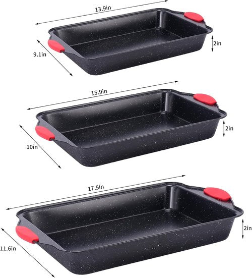 Anveena Nonstick Kitchen Oven Baking Pans - Premium Commercial Grade Bakeware with Red Silicone Handles | 3-Piece Set