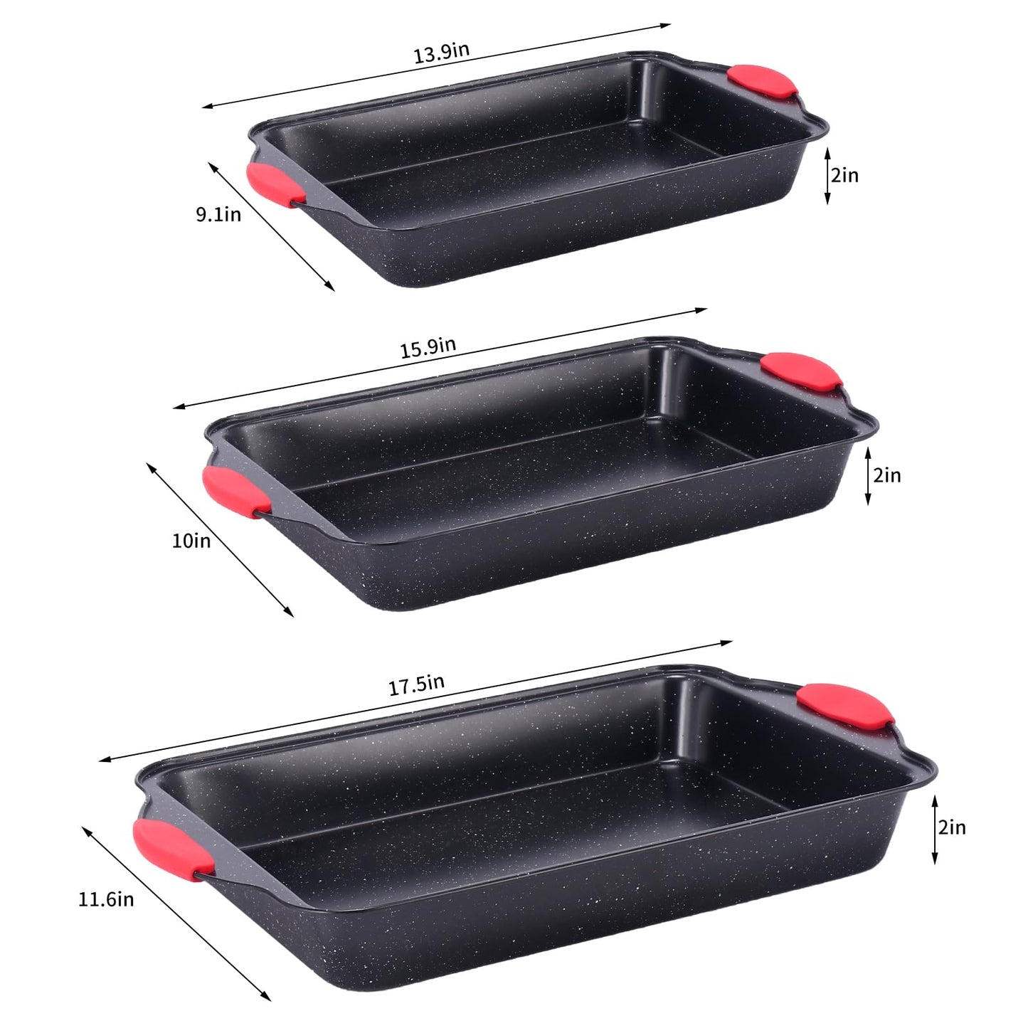 Anveena 3-Piece Nonstick Kitchen Oven Baking Pans - Premium & Stylish Non-Stick Steel, Commercial Grade Restaurant Quality Metal Bakeware with Red Silicone Handles - Easy to Clean black