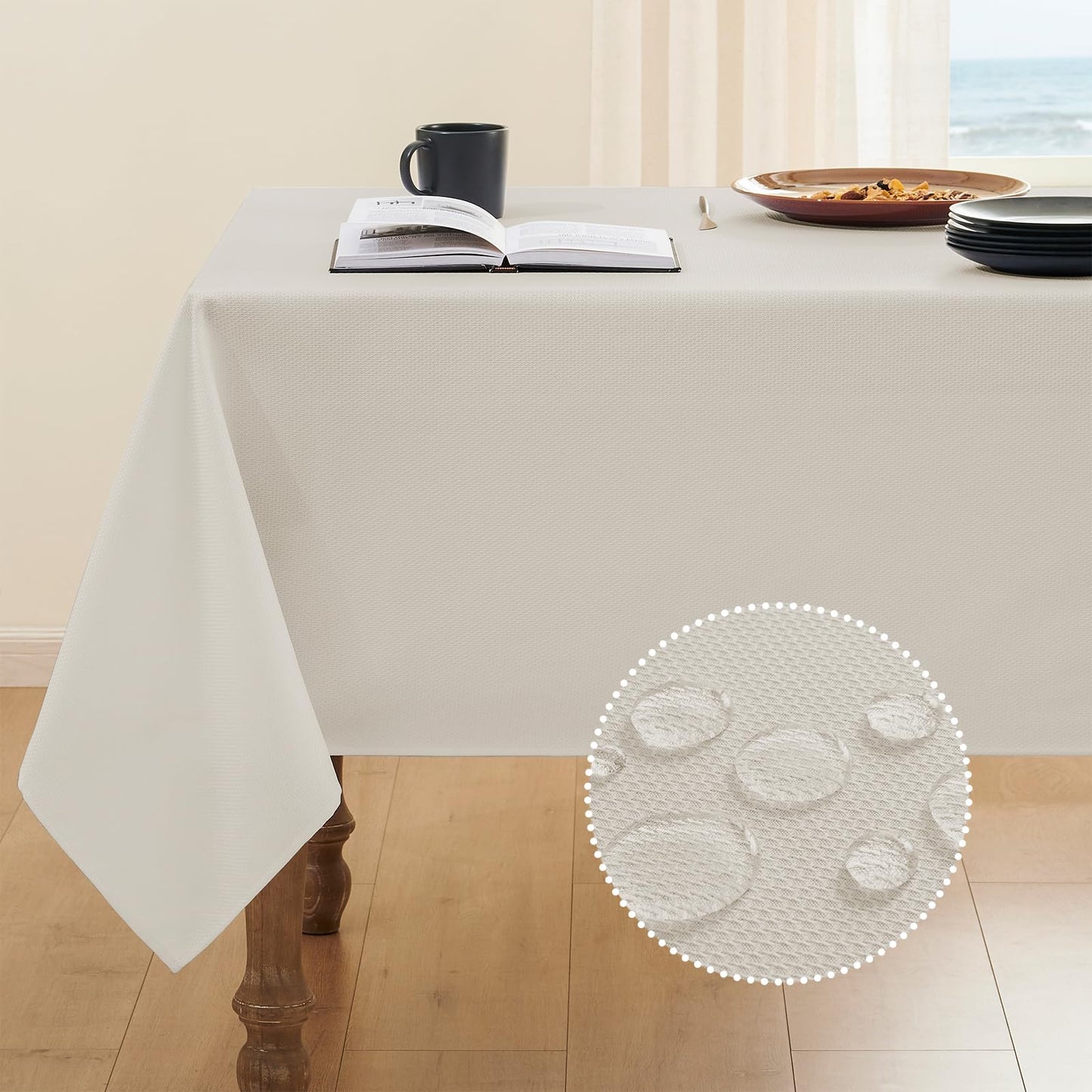 Veblandy Textured Tablecloth Rectangle Waterproof Table Cloth, Washable Table Cover Wrinkle Free Fabric Tabletop Decoration for Kitchen, Dining, Wedding, Parties, 52 x 70 Inch, Ivory
