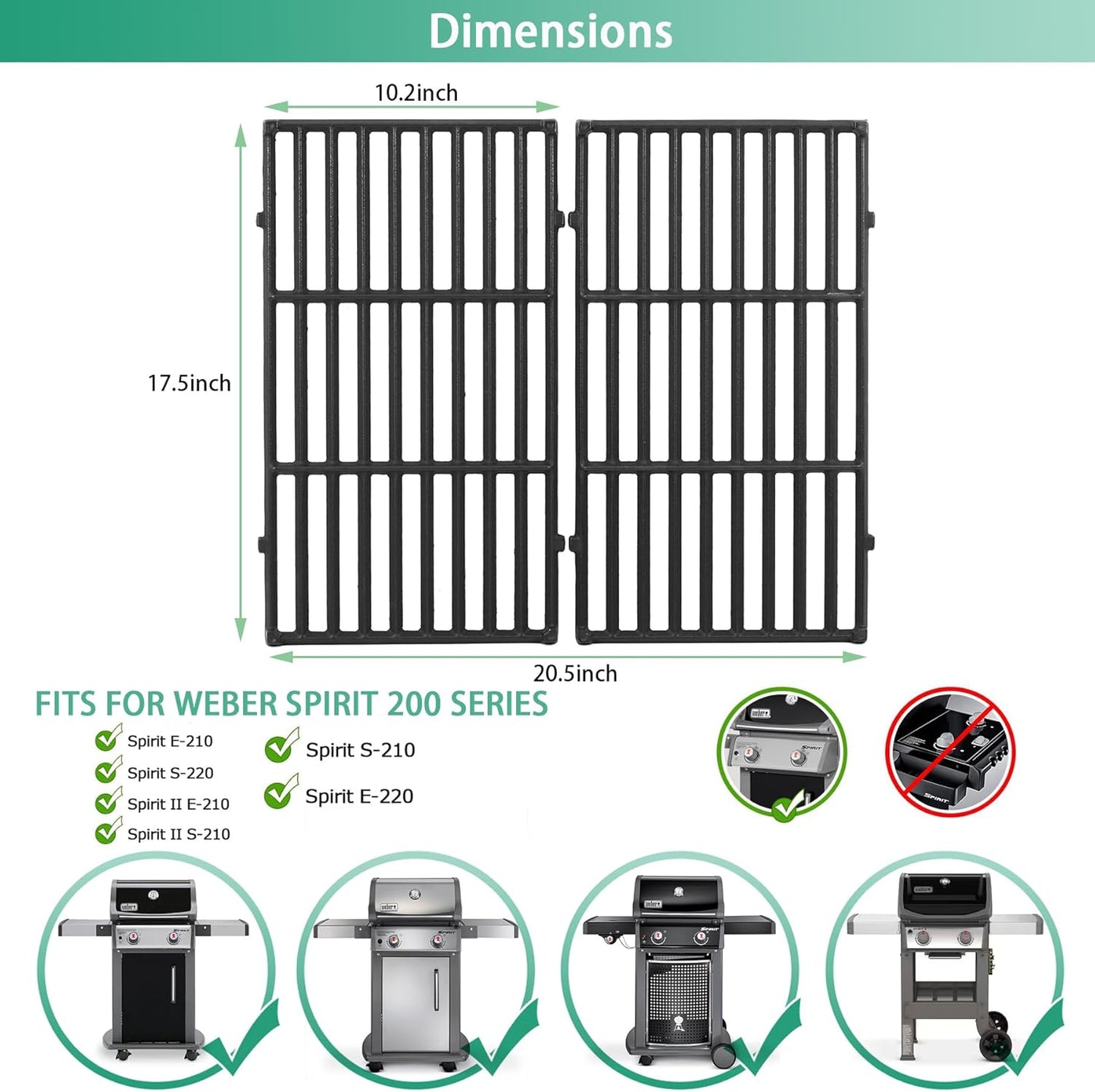 Spirit E-210 Grill Grates - Durable 17.5" Cooking Grates for Weber Spirit & Spirit II 200 Series