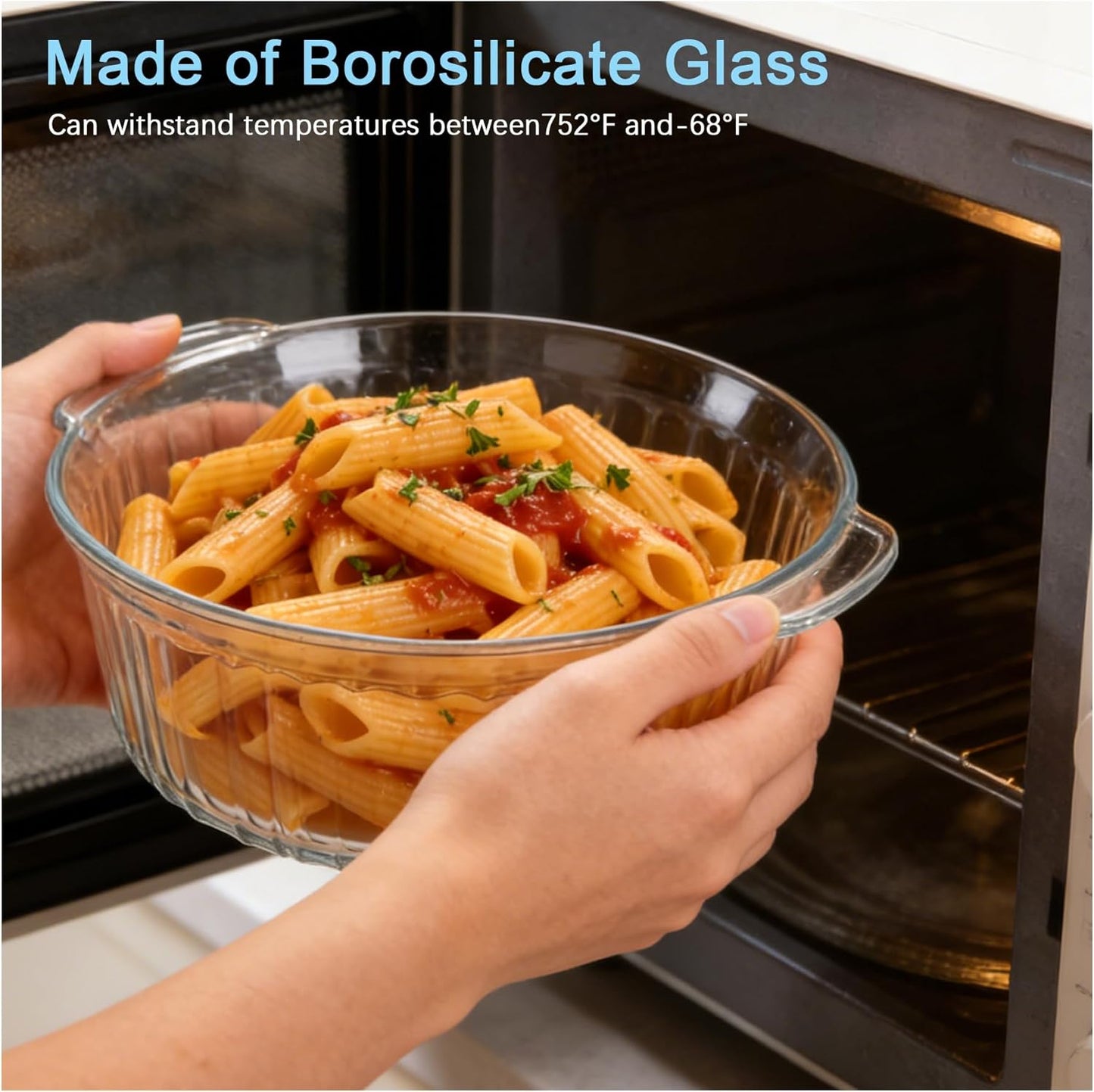 Round Glass Casserole Dish With Lid - 2.4QT Borosilicate Oven Safe Cookware - Clear Baking & Serving Dish