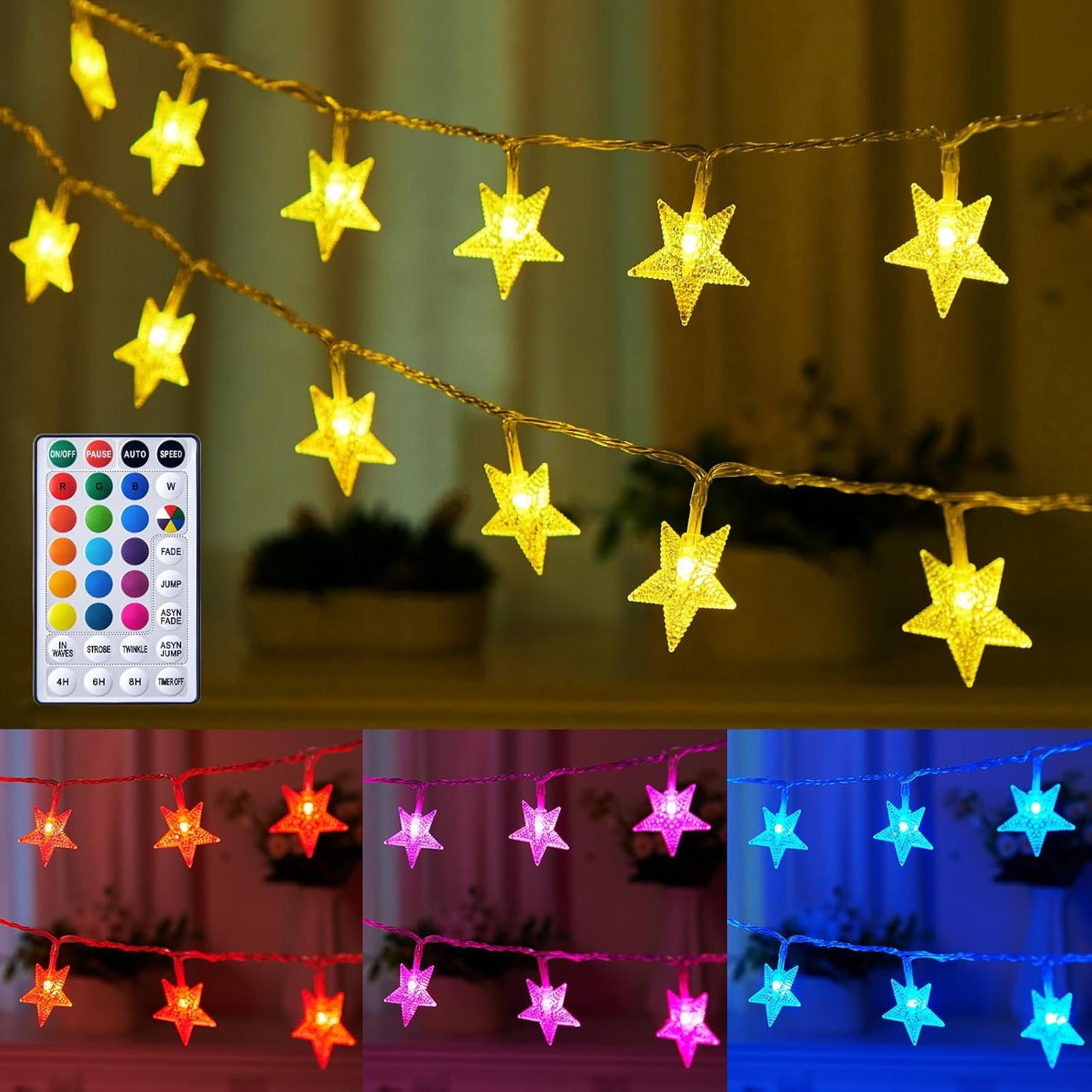 Minetom Color Changing Star String Lights - 50 LED Fairy Lights with Remote & Timer | 23 ft, 16 Colors, USB Powered