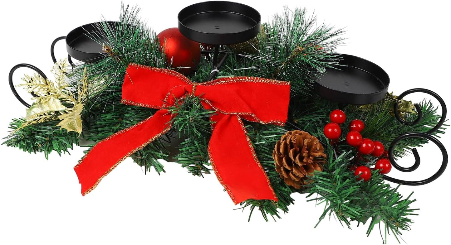 MorTime Christmas Candle Holder - Festive Table Centerpiece with Red Bow, Berries & Pinecones | Steel Base Decor