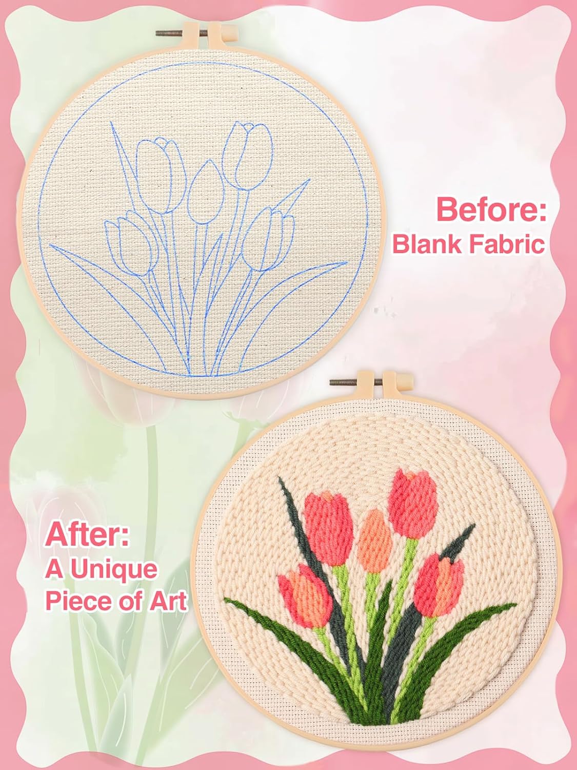 Tulip Punch Needle Kit for Beginners - Step-by-Step Guide & Video, Complete with Fabric, Hoop, Needle, and Yarns