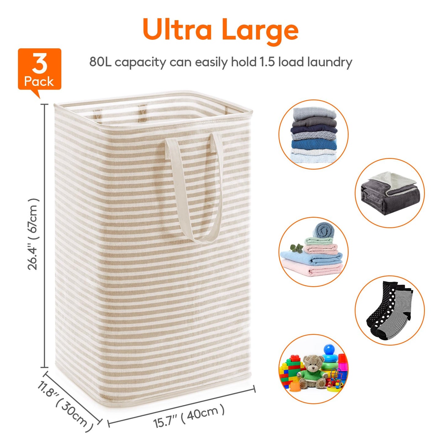 Lifewit 3 Pack Laundry Basket 80L Each, Collapsible Clothes Hamper with Reinforced Handles, Freestanding Waterproof Design for Bedroom and Laundry Room, Beige 240L Total