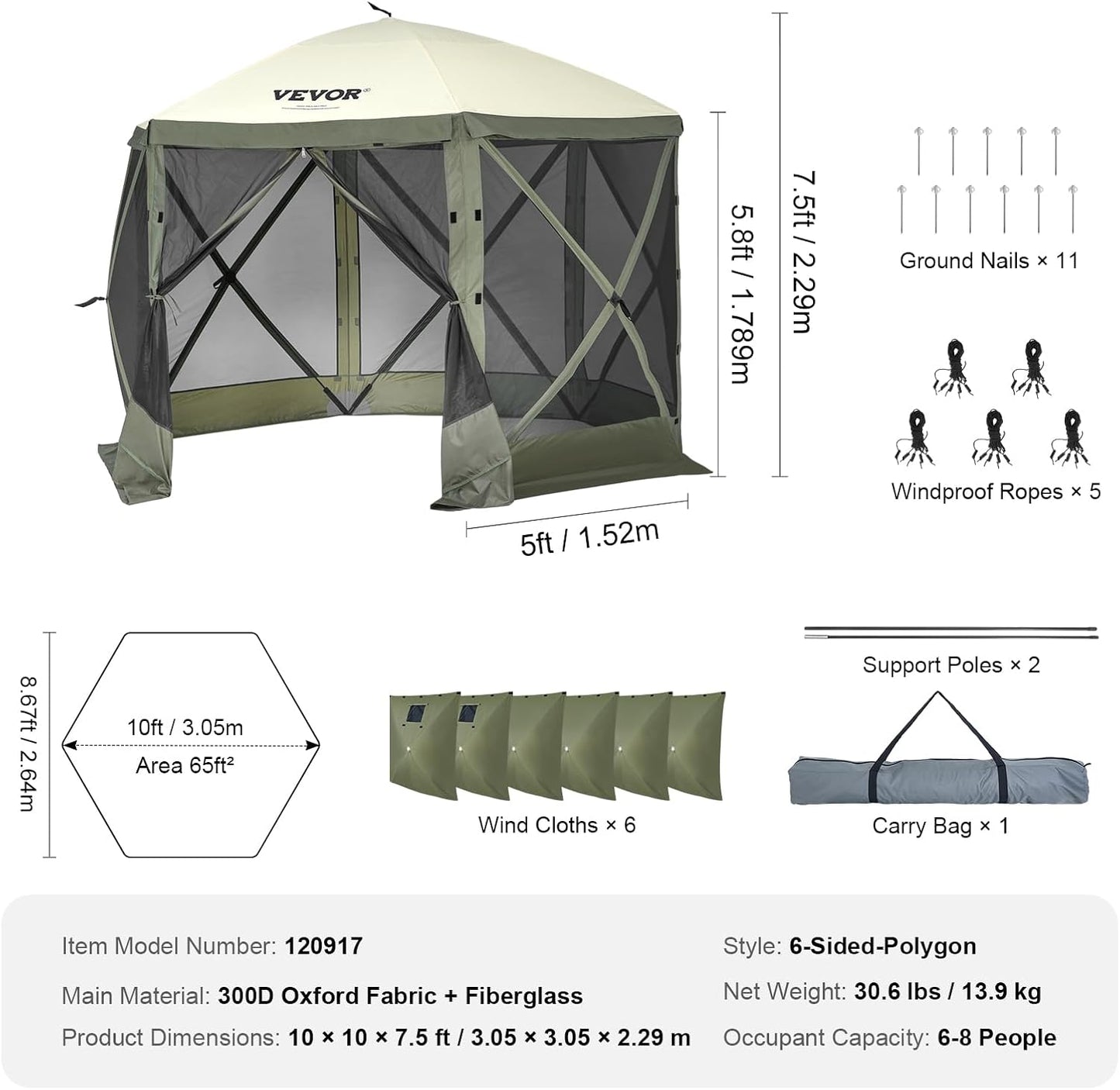 VEVOR Pop Up Gazebo | 6-Sided Canopy Sun Shelter with Removable Privacy Cloths | 10x10FT Army Green