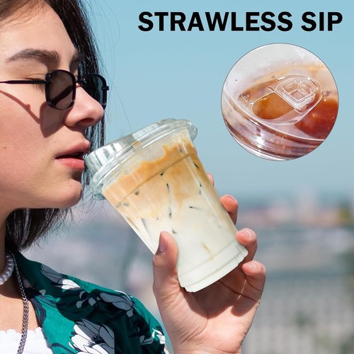 BYSNOW 16 oz Clear Plastic Cups with Lids - 100 Pack Disposable Iced Coffee & Smoothie Cups