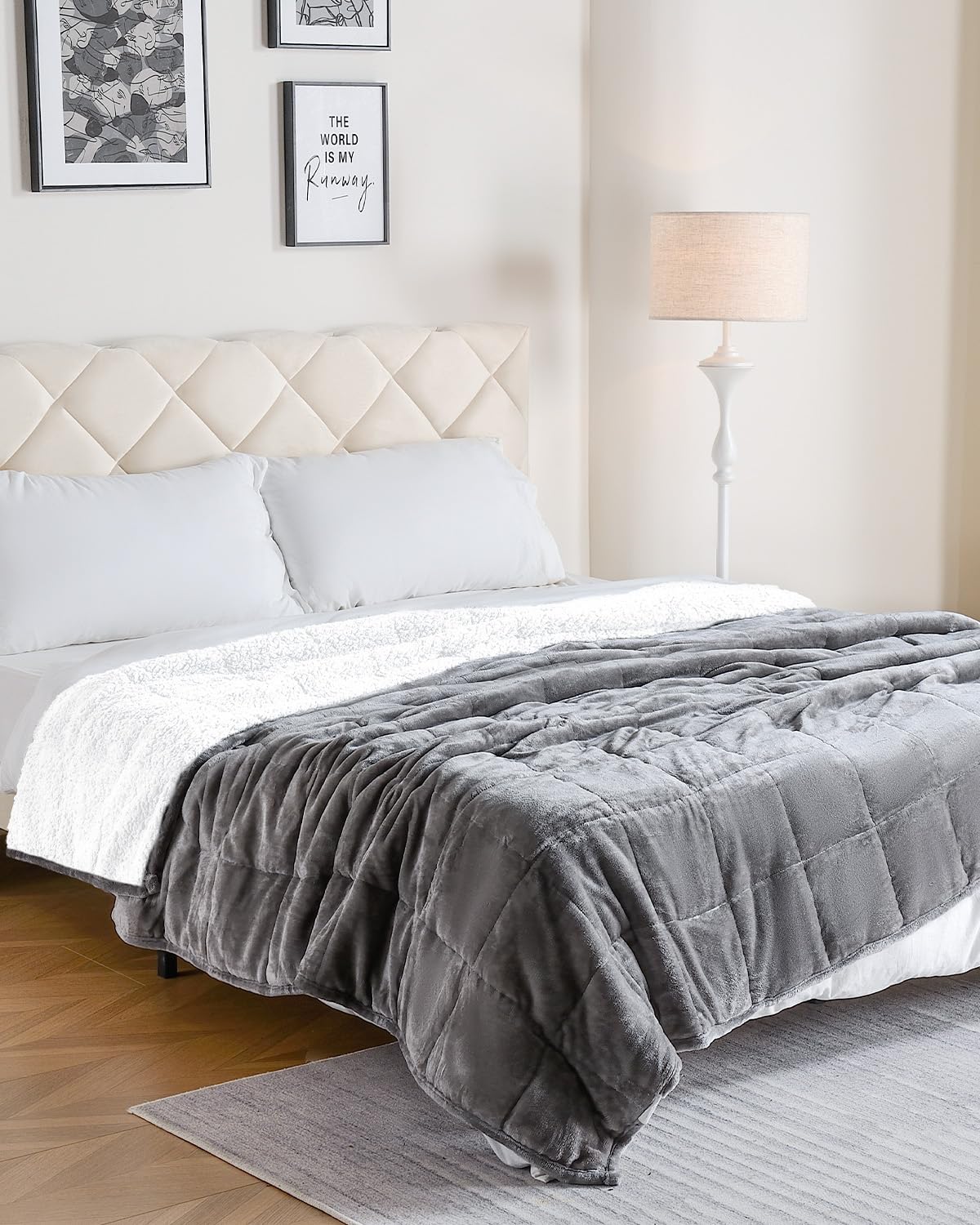 Weighted Blanket Queen Size 15lbs 60x80 inches, Uttermara Sherpa Weighted Blankets with Soft Plush Fleece, Cozy Warm White Sherpa Snuggle Thick Heavy Blanket Great for Sleep and Calming, Grey