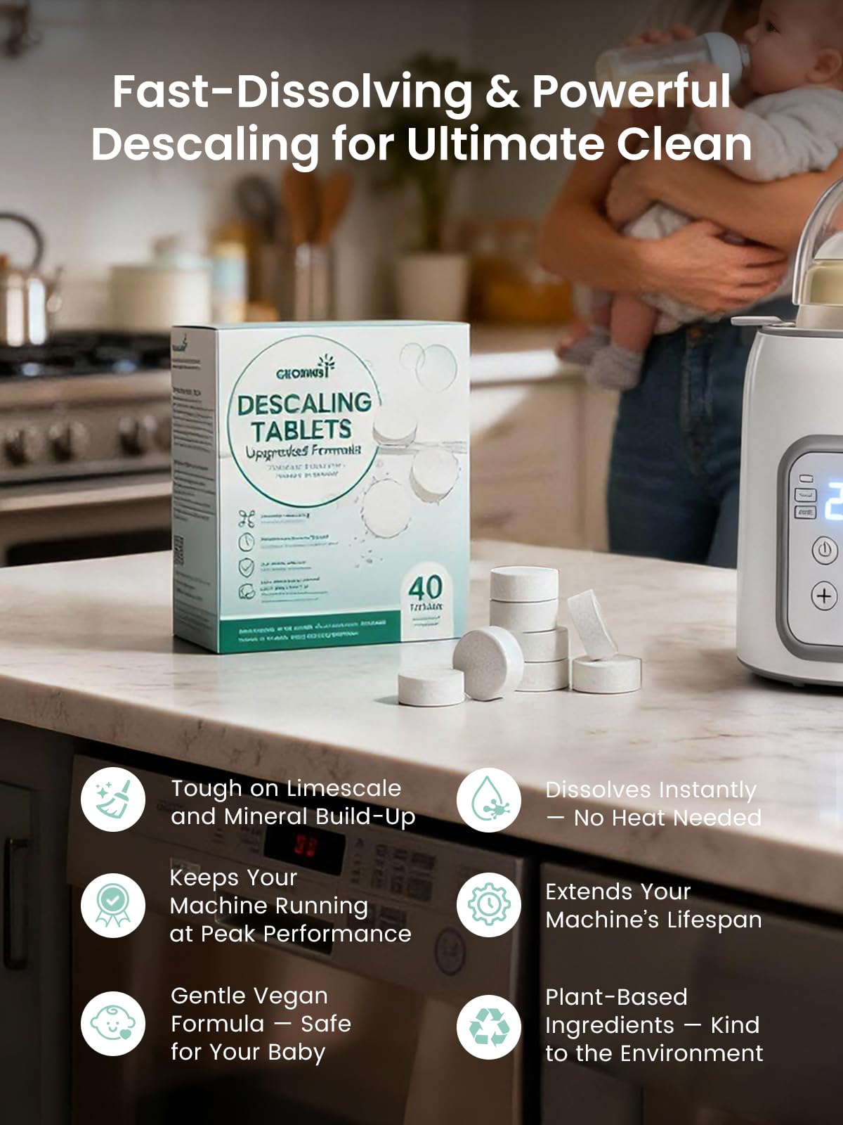 GROWNSY Descaling Agent Descaling Tablets for Bottle Warmer & Sterilizer, Daily Essential Descaler, Cleaner for Baby Food Makers, Deep Limescale & Odor Removal, Performance Care, 40 Count for Regular