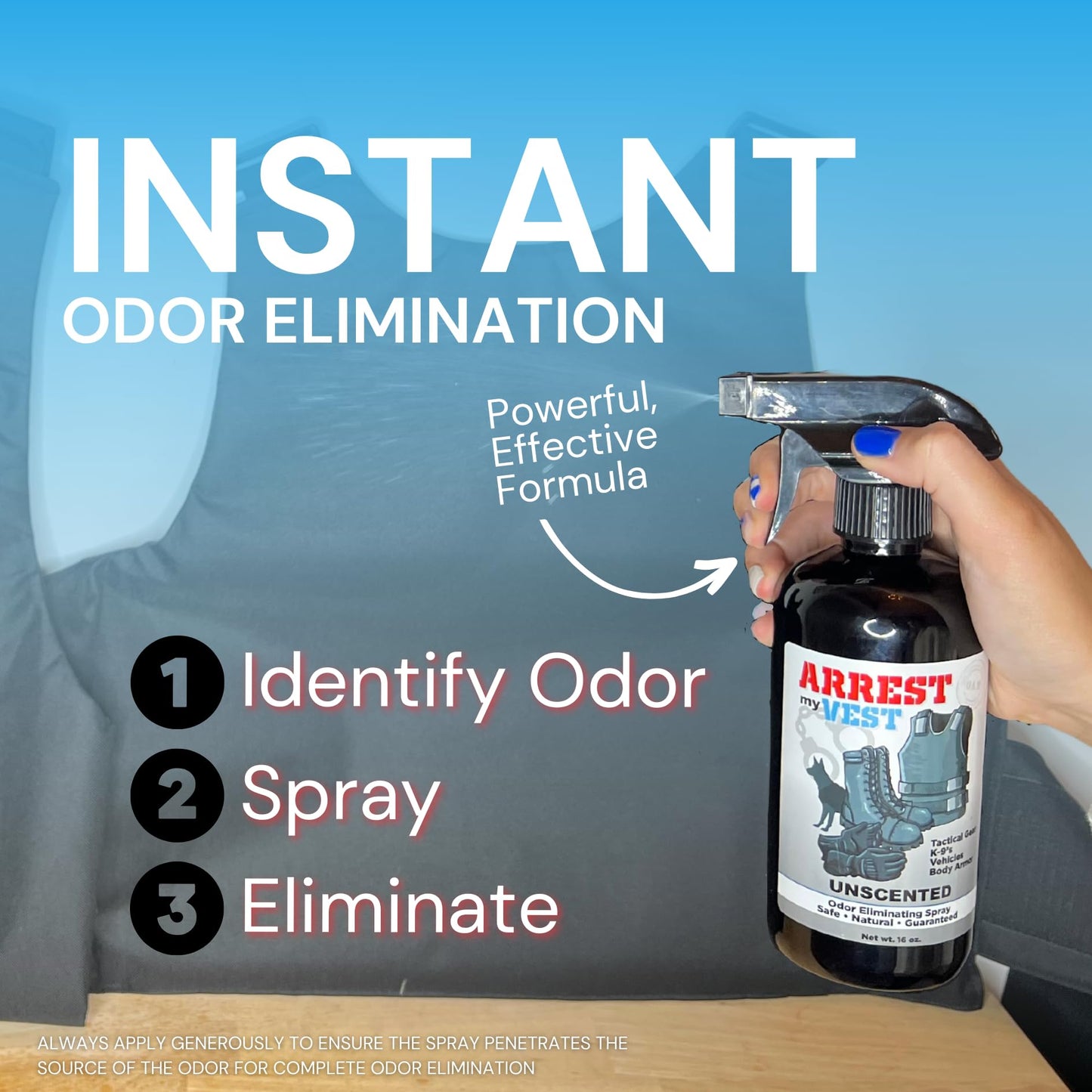 Arrest My Vest Military Grade Odor Eliminating Spray for Body Armor, Tactical Gear, and K9 Equipment. Safe on All Ballistic Vests, Fabrics, & Police Gear - 6 Pack of Midnight 4 oz Bottles
