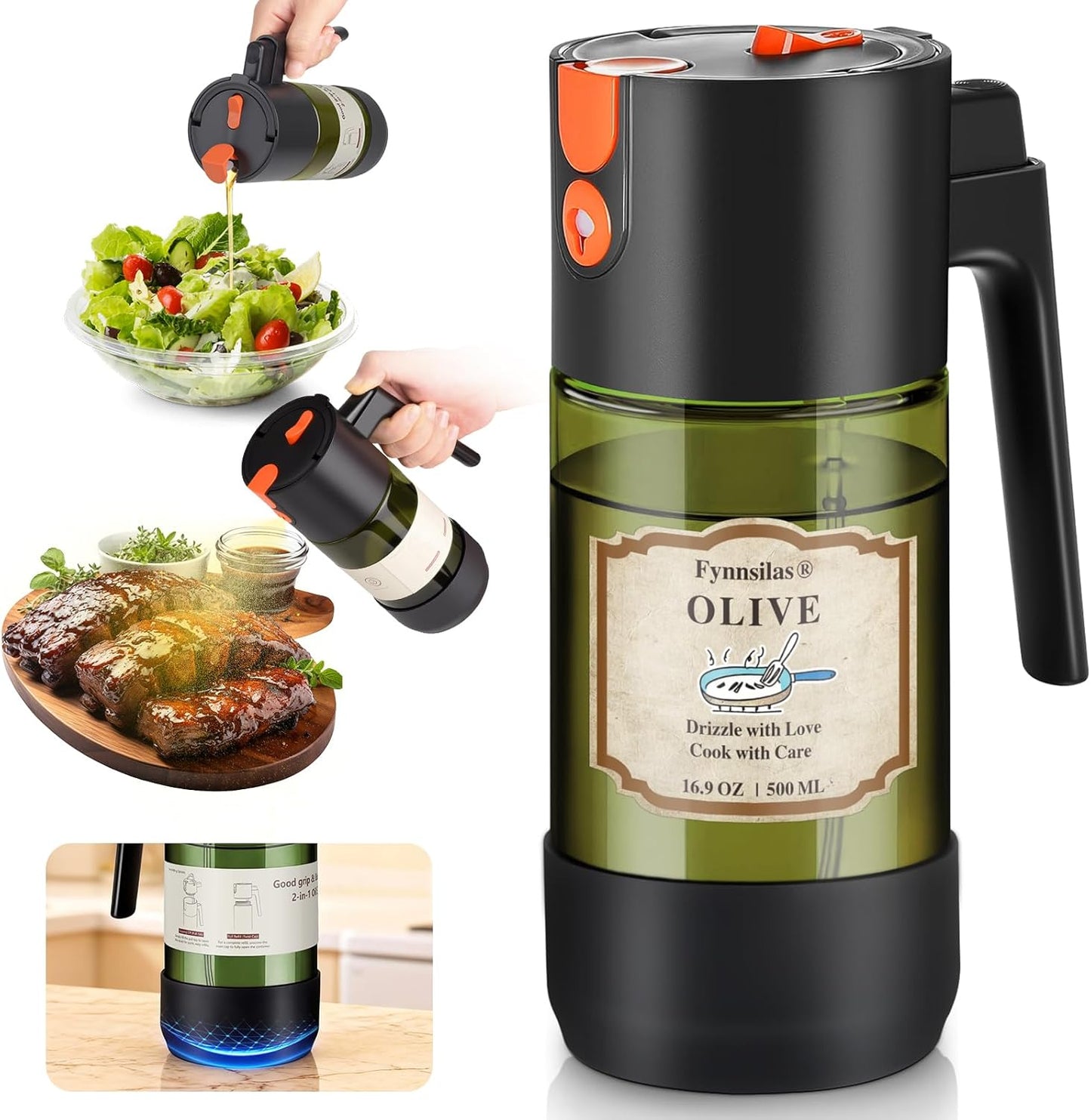 Skiennix 2-IN-1 Oil Sprayer - Light-Blocking Dark Glass Olive Oil Dispenser | 500ml for Cooking & BBQ
