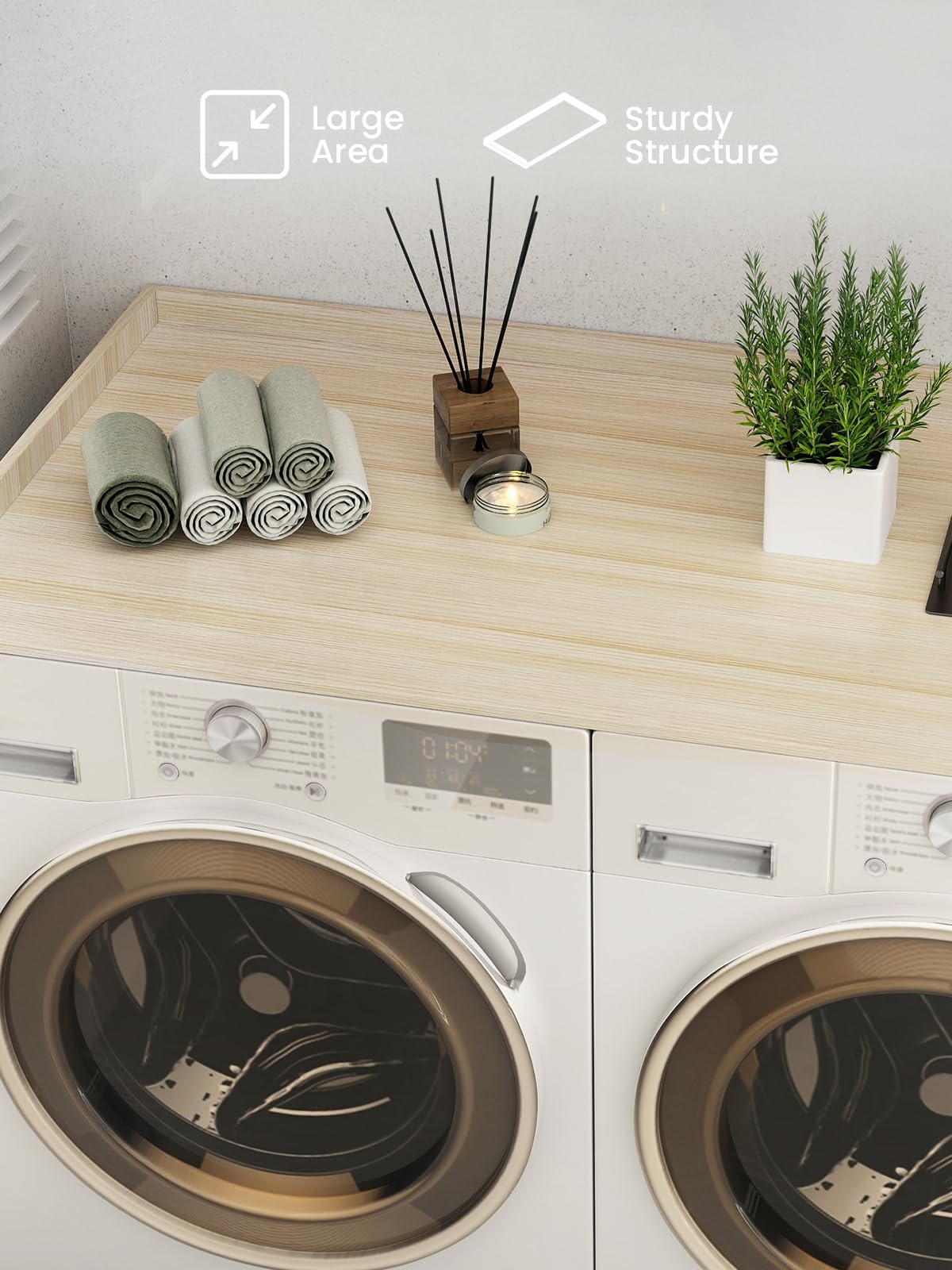 Toemics Washer Dryer Countertop, 27.5" x 54" Laundry Room Organization Shelf with Edge Rails for Washer and Dryer, Durable Melamine Finish, Non-Slip Pads, and 3 Laundry Bags, Oak