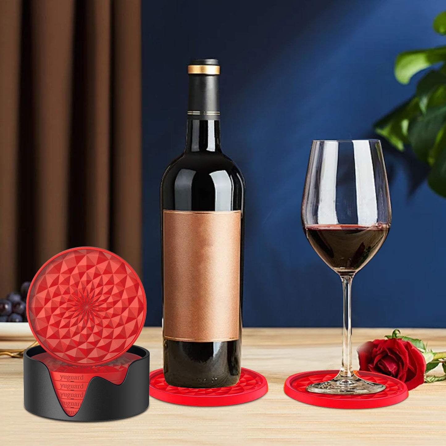 YUGUARD Silicone Coasters [6 Pack] with Holders Drink Coasters, Table Cup Mat, for Hot or Cold Drinks Thickened, Non-Slip, Non-Stick, Deep Tray Black