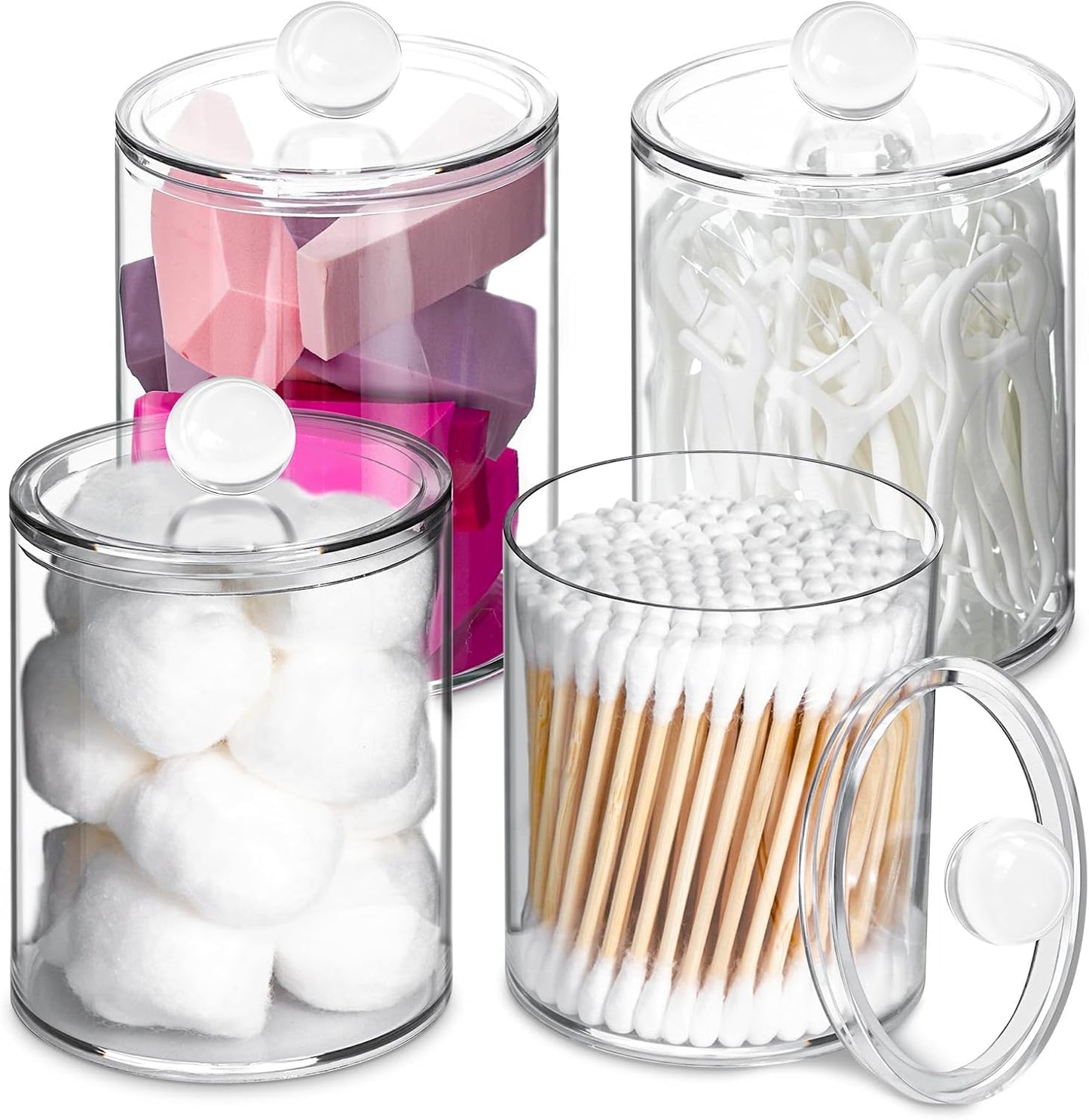 XIPENGKEJI Qtip Holder Set - 4 Pack Apothecary Jars with Lids for Bathroom Organization | 10oz-12oz Canisters