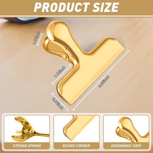 Funfery Chip Clips Bag Clips Gold Stainless Steel Clip for Food Storage,Air Tight Seal Chip Bag Clip 3 Inch Strong Food Clipp for Snack,Chips,Kitchen Decor,Home&Office Paper Heavy Duty-8 Pack