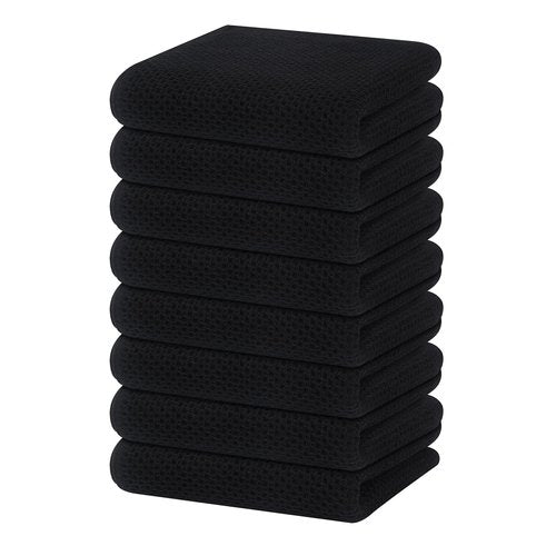Homaxy 100% Cotton Waffle Weave Kitchen Dish Towels, Ultra Soft Absorbent Quick Drying Cleaning Towel, 13 x 28 Inches, 8-Pack, Black