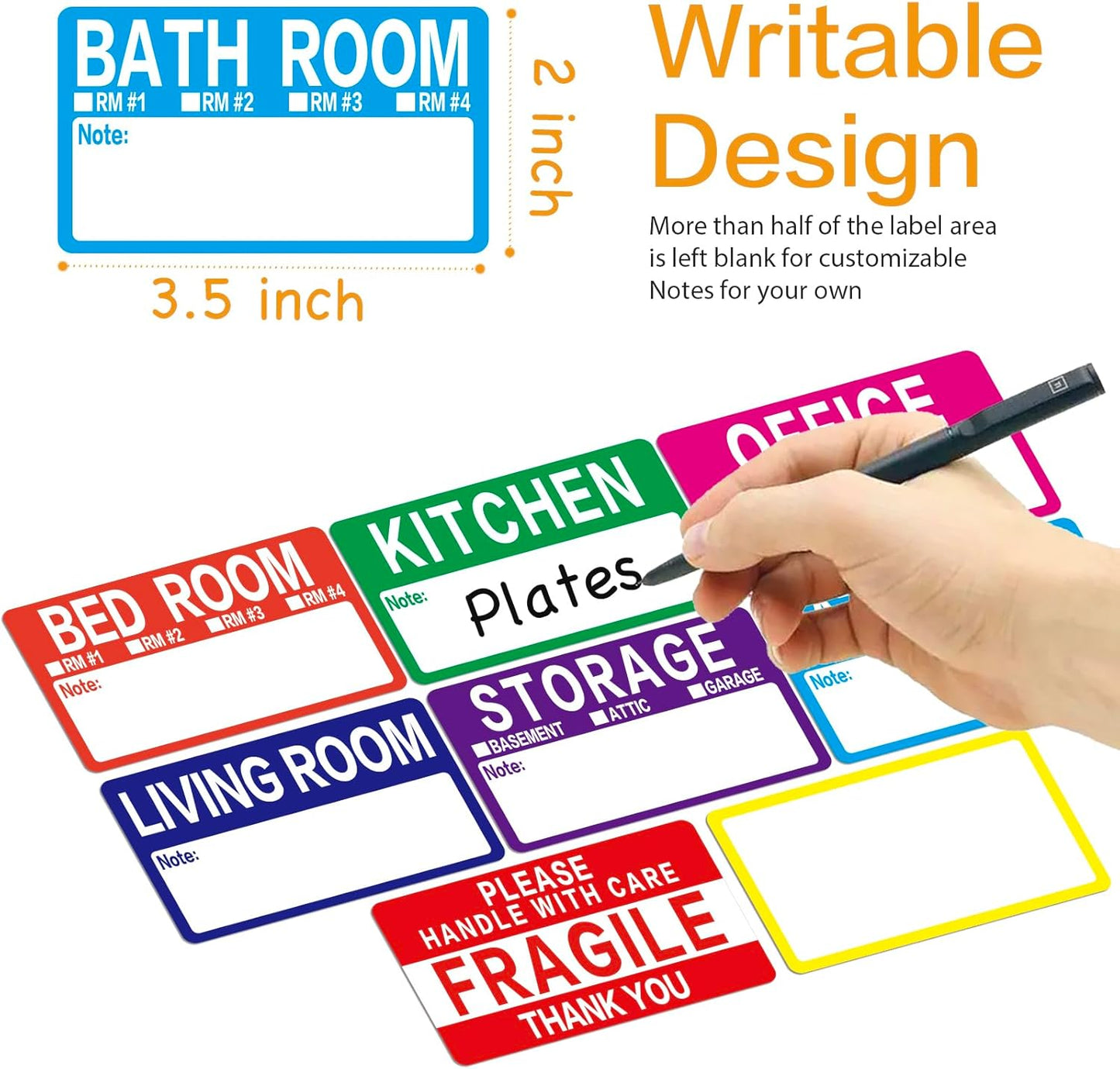 Large Home Moving Packing Box Labels - 300 Count | Color-Coded for 3-4 Bedroom House with Writable Notes