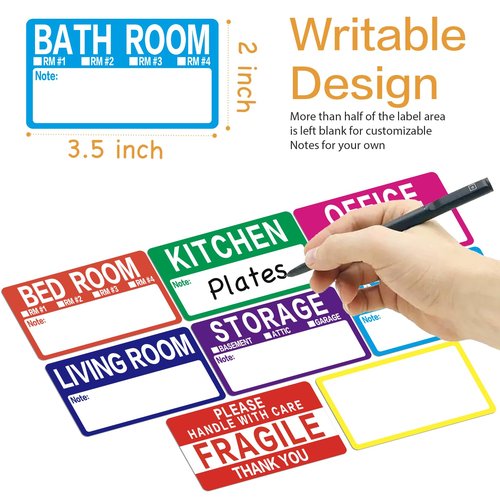 300 Count 3.5 x 2 Large Home Moving Packing Box Labels for 3-4 Bedroom House with Writable Notes Areas, 7 Color Coded Moving Labels for Boxes + Fragile Moving Stickers