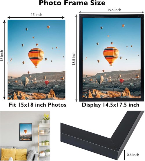 JCJMY 15x18 Picture Frame - Black Wall Frame for Horizontal & Vertical Photos | Perfect for Gallery Displays