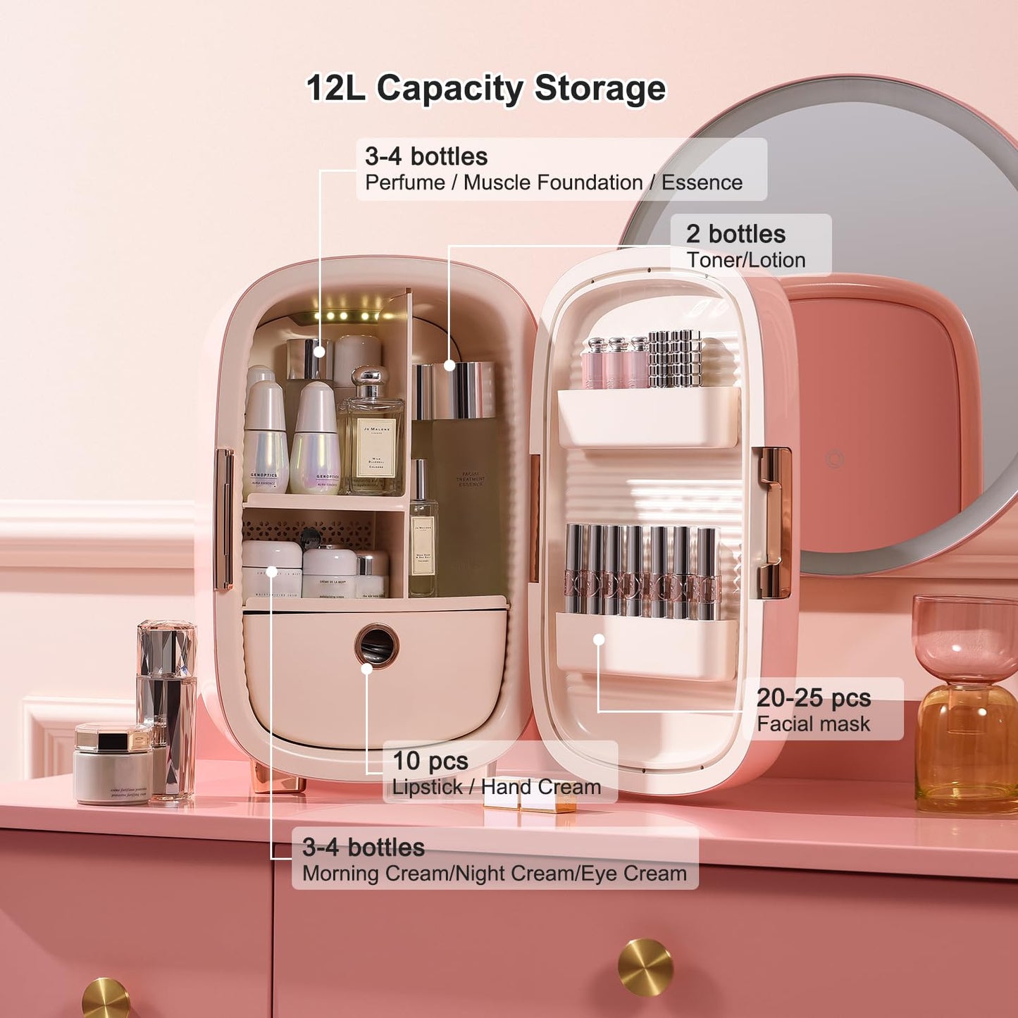 JSTPRO Skincare Fridge, 6L Pink Makeup Fridge with Dimmable LED Light Mirror, Portable for Bedroom, Car, Office & Dorm