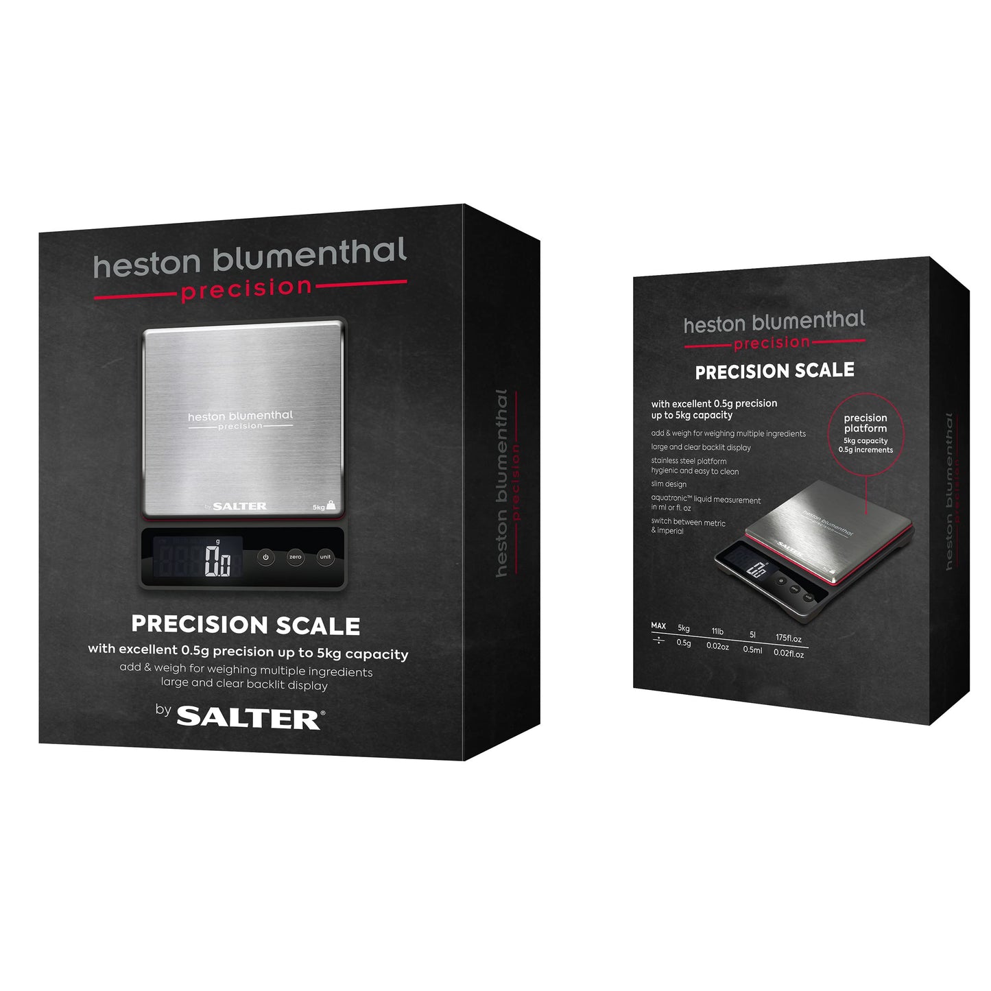Salter Heston Blumenthal Precision 1140A HBBKDR Digital Kitchen Scales - Premium Compact Baking/Cooking Scale, for Weighing Food/Coffee and Liquid, 0.5 g Increments, Slim, Stainless Steel/Black