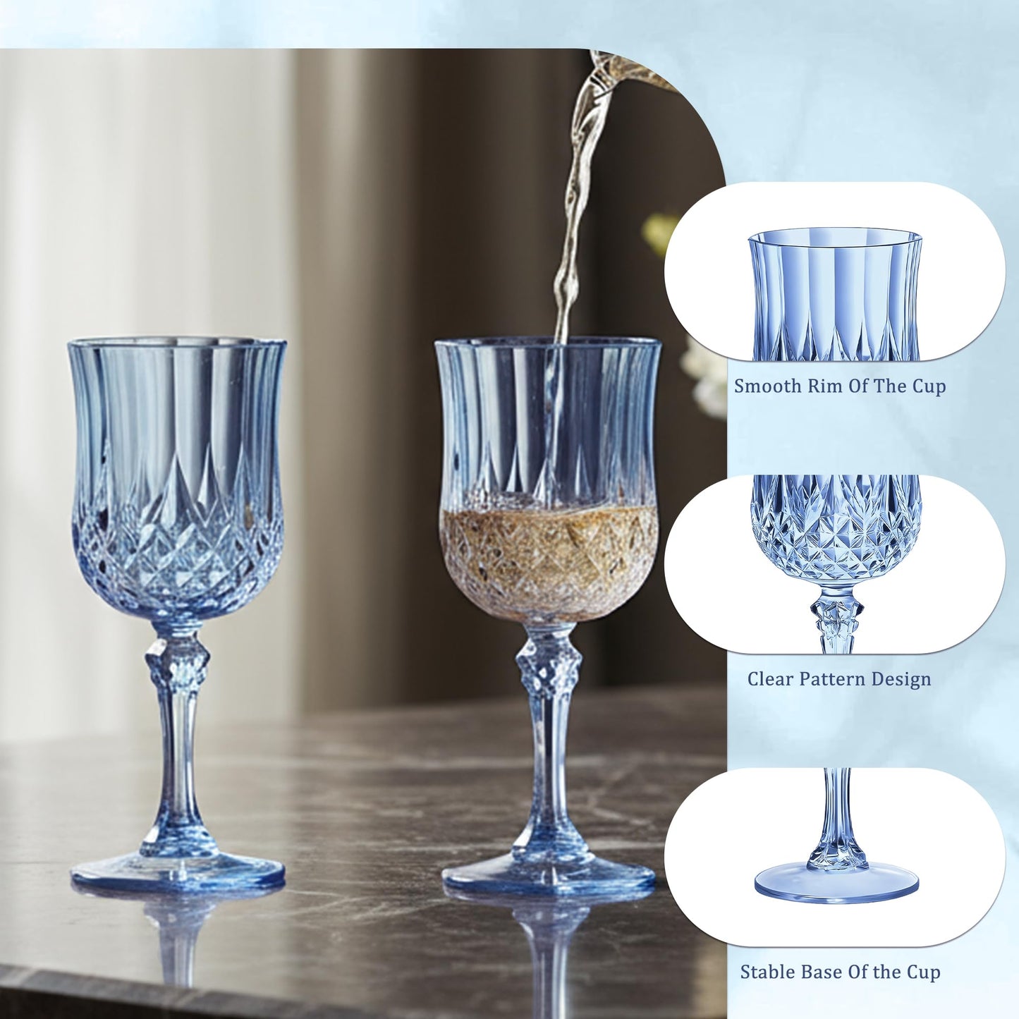 HTTBEIZI 7OZ Plastic Wine Glasses, Reusable Vintage Goblets Unbreakable Drinking Glasses Crystal Water Cups Champagne for Wedding, Parties, Mother's Day (24, Blue)