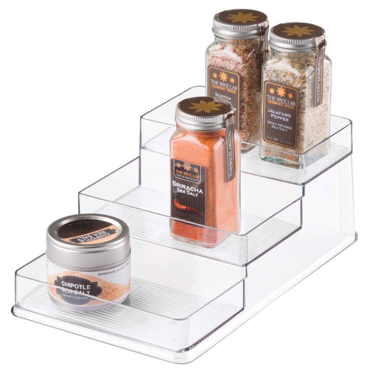 iDesign Recycled Plastic 3-Tier Stadium Spice Rack Organizer for Kitchen, Fridge, Freezer, Pantry and Cabinet Organization, The Linus Collection – 14" x 10" x 4", Clear