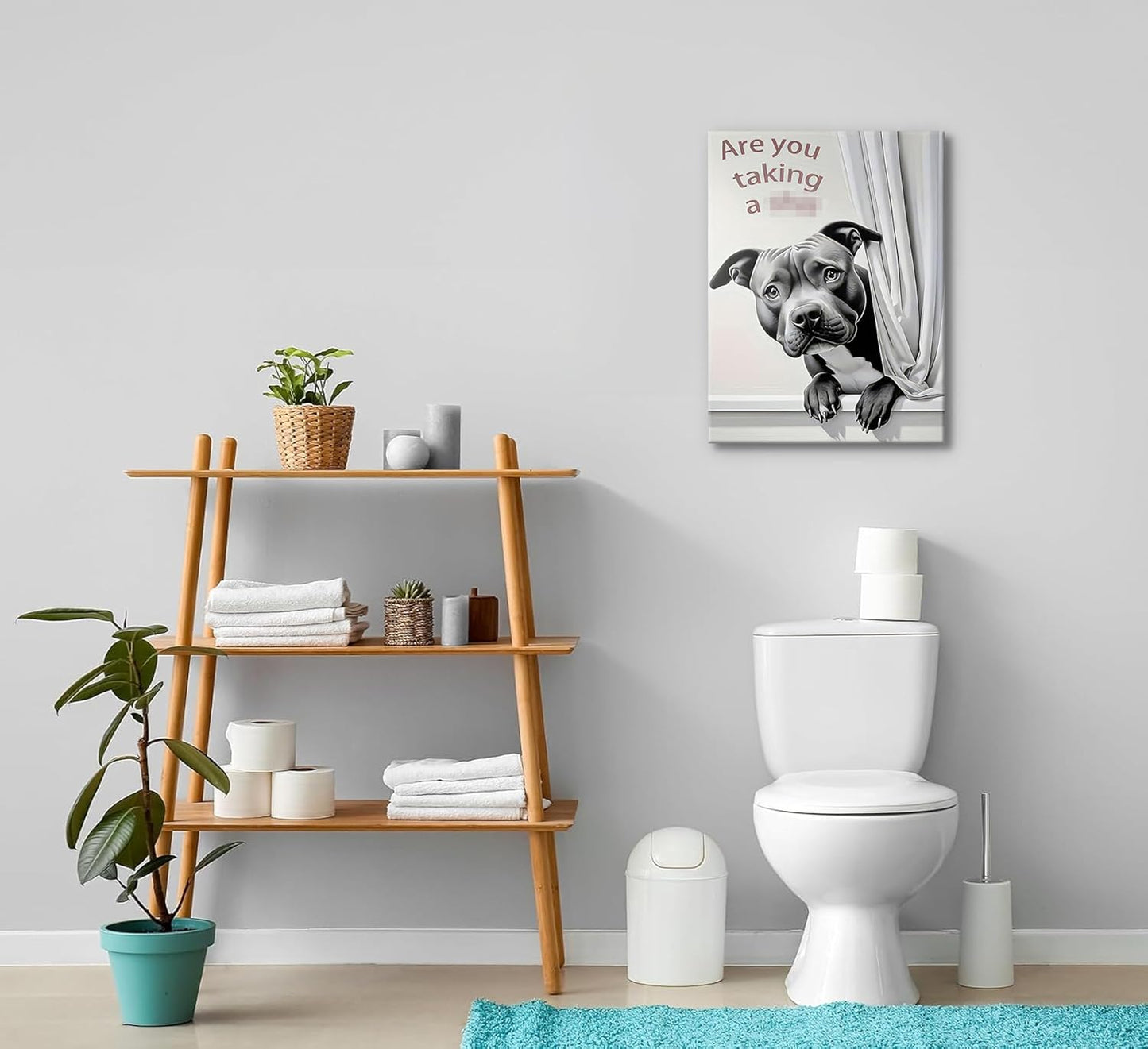 KADEYEE Funny Dog Wall Art - French Bulldog Peeking Into Toilet | Black & White Bathroom Decor, 12x16 Inch Framed Print